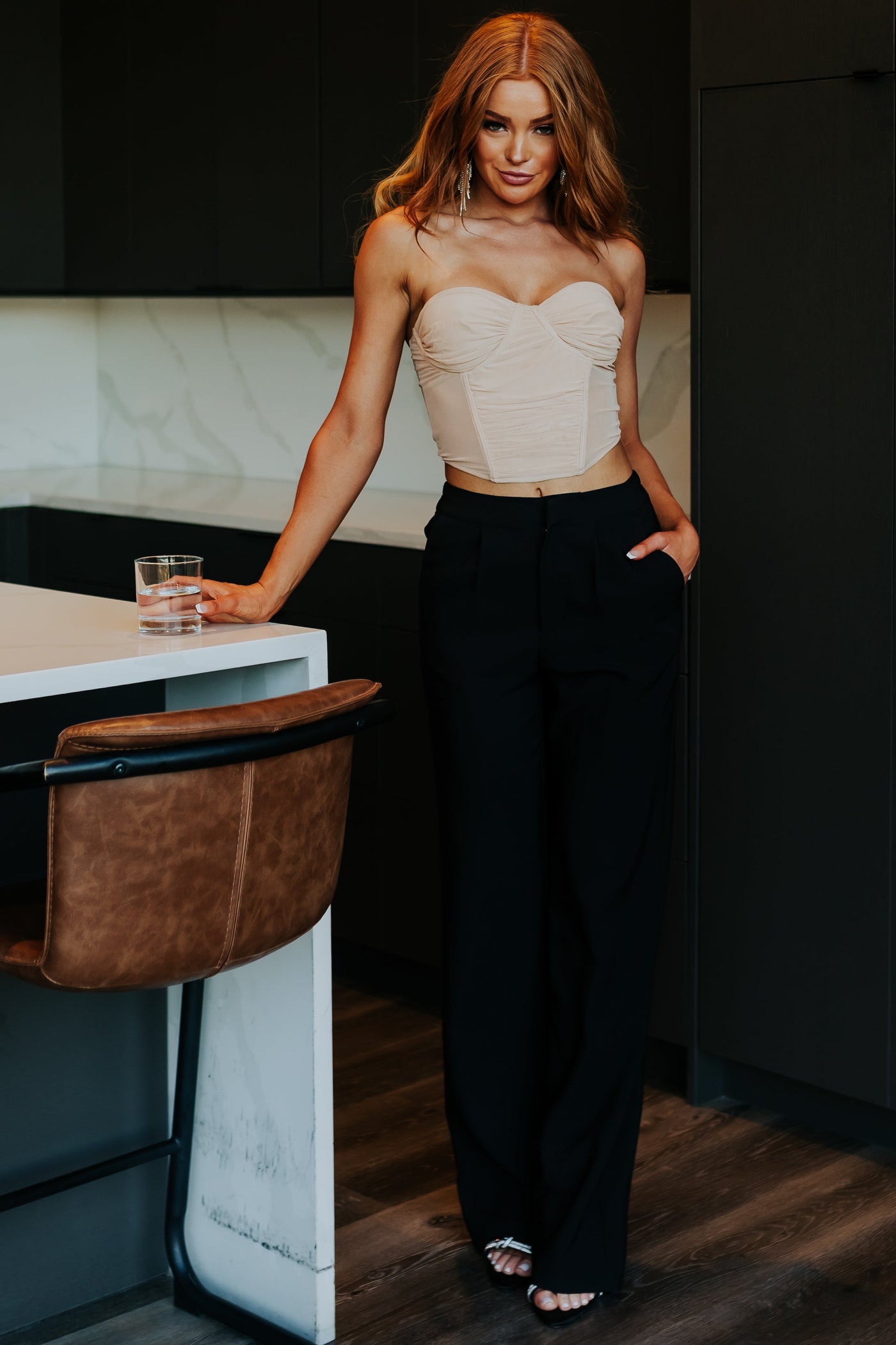 Sand Mesh Strapless Corset Crop Top