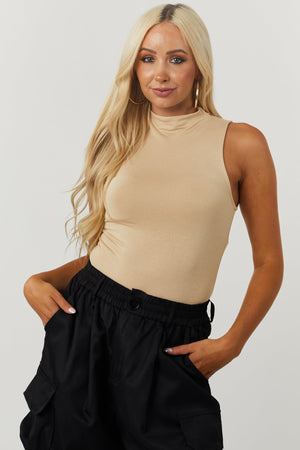 Sand Mock Neck Solid Jersey Knit Tank Top