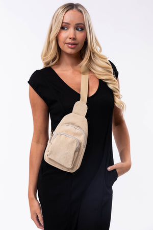 Sand Corduroy Double Pocket Cross Body Bag