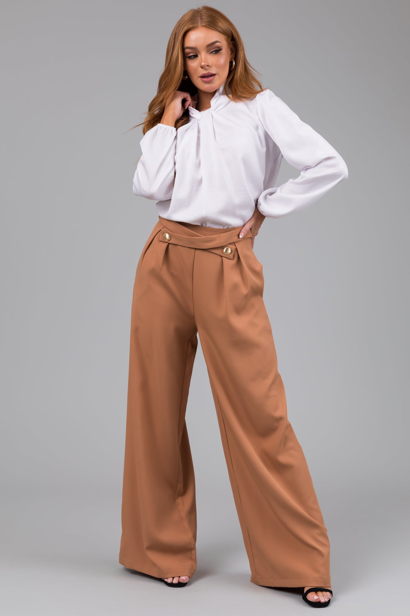 Sandstone Criss Cross Button Wide Leg Pants