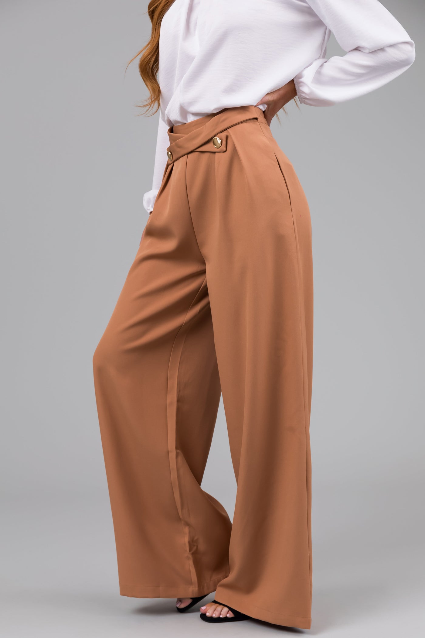 Sandstone Criss Cross Button Wide Leg Pants