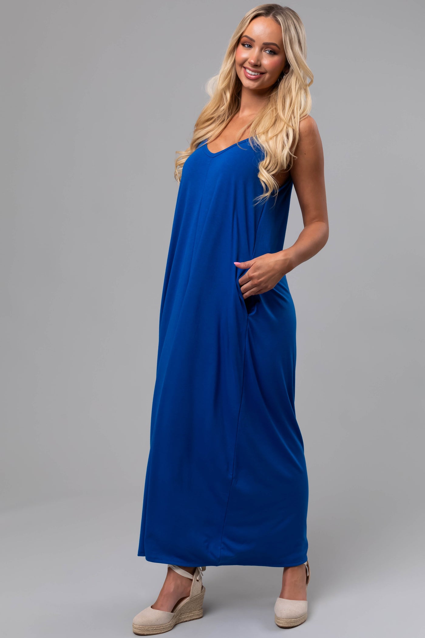 Sapphire Sleeveless Knit Maxi Dress with Pockets