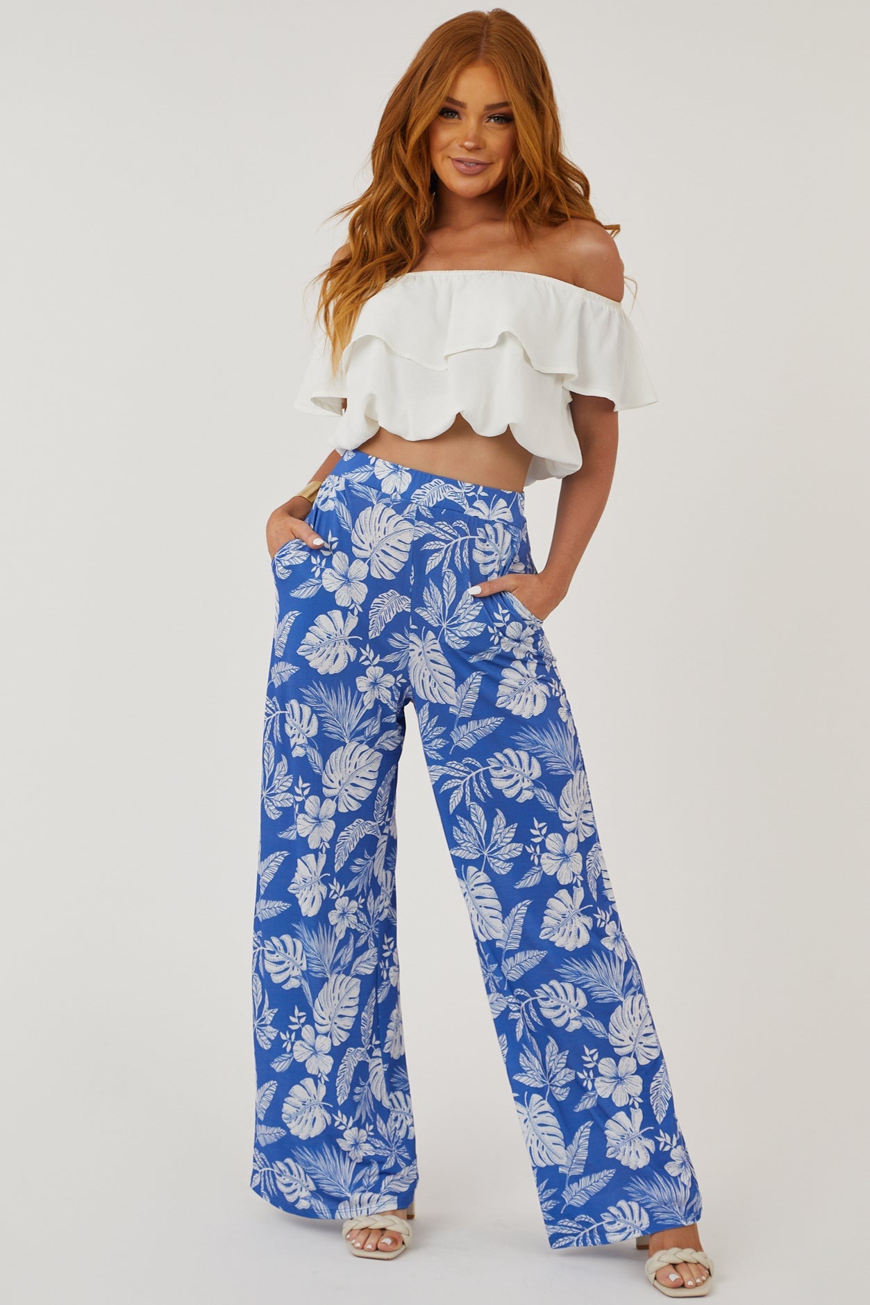 Sapphire Tropical Print Palazzo Knit Pants