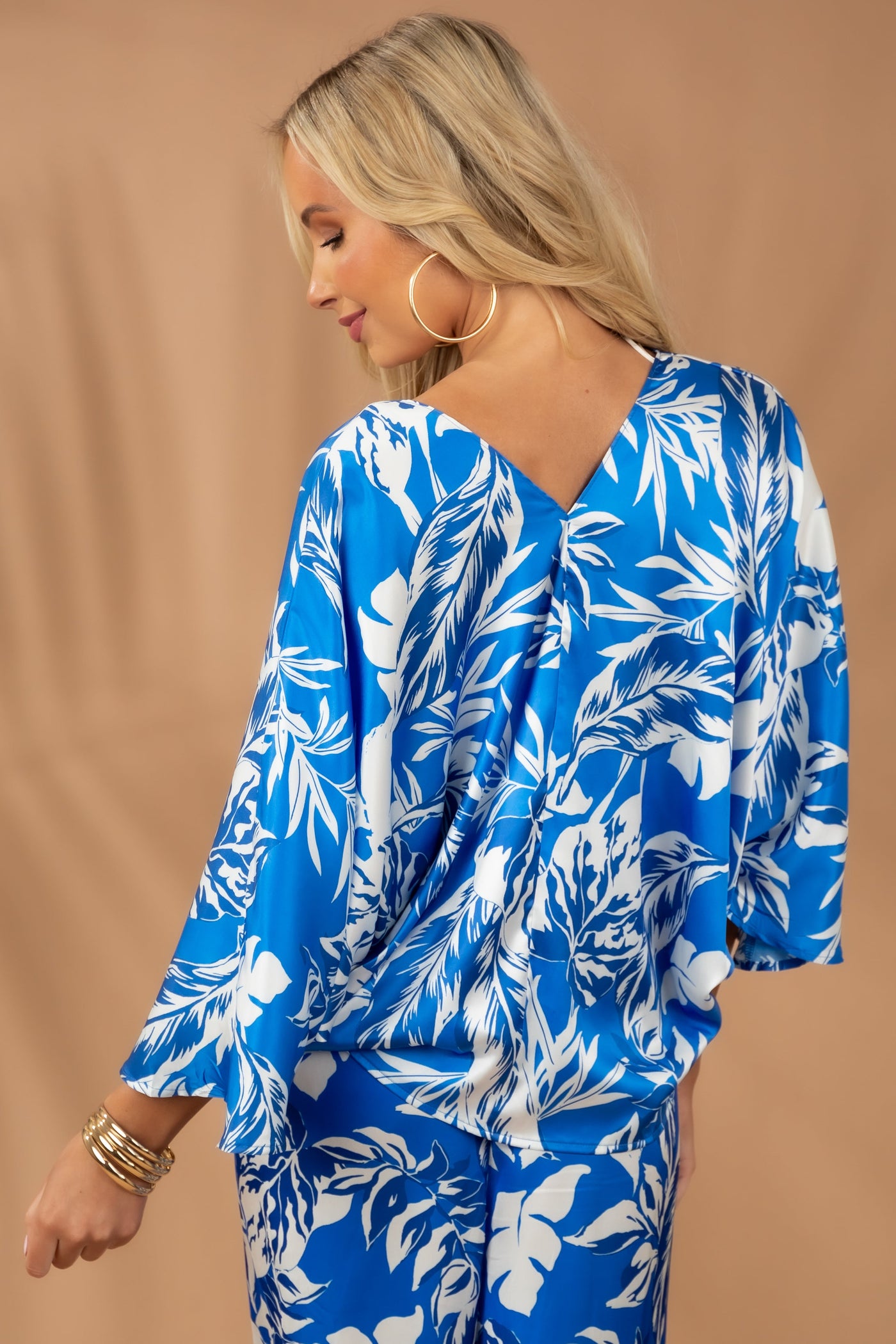 Satin Cobalt Printed Kimono Sleeve Blouse