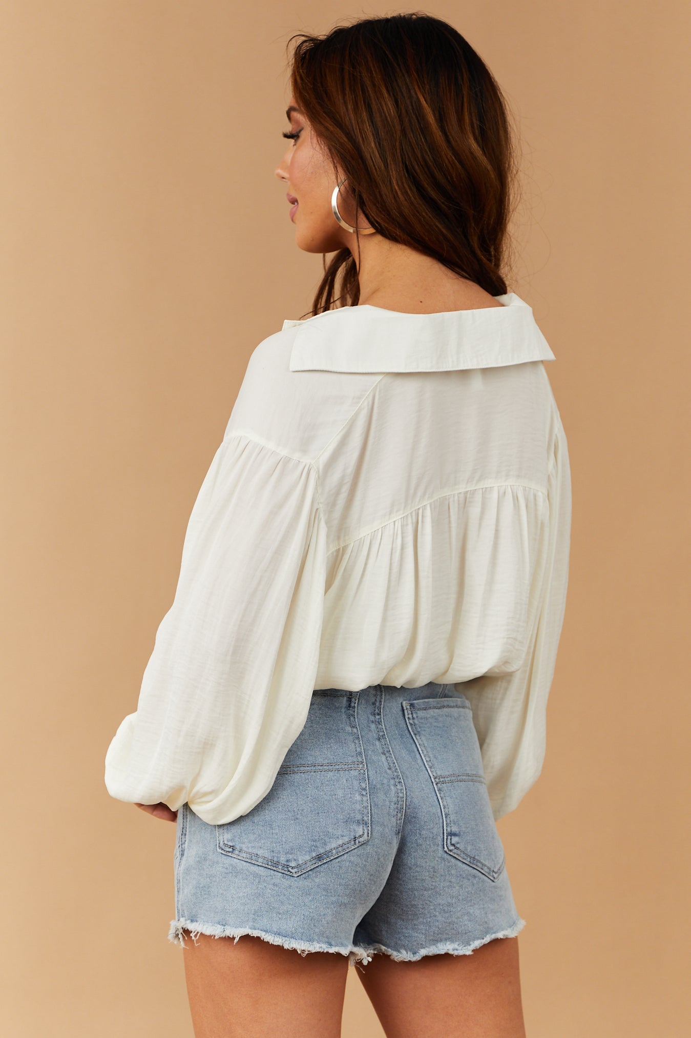 Satin Cream Button Front Top with Tie Detail