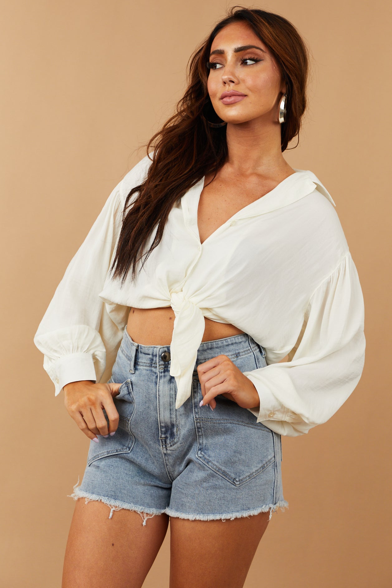 Satin Cream Button Front Top with Tie Detail