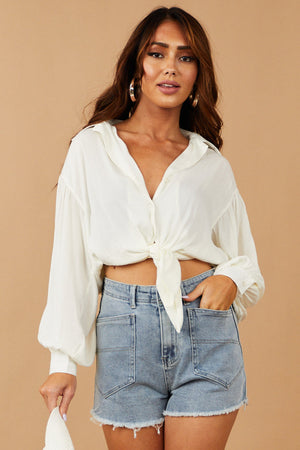 Satin Cream Button Front Top with Tie Detail