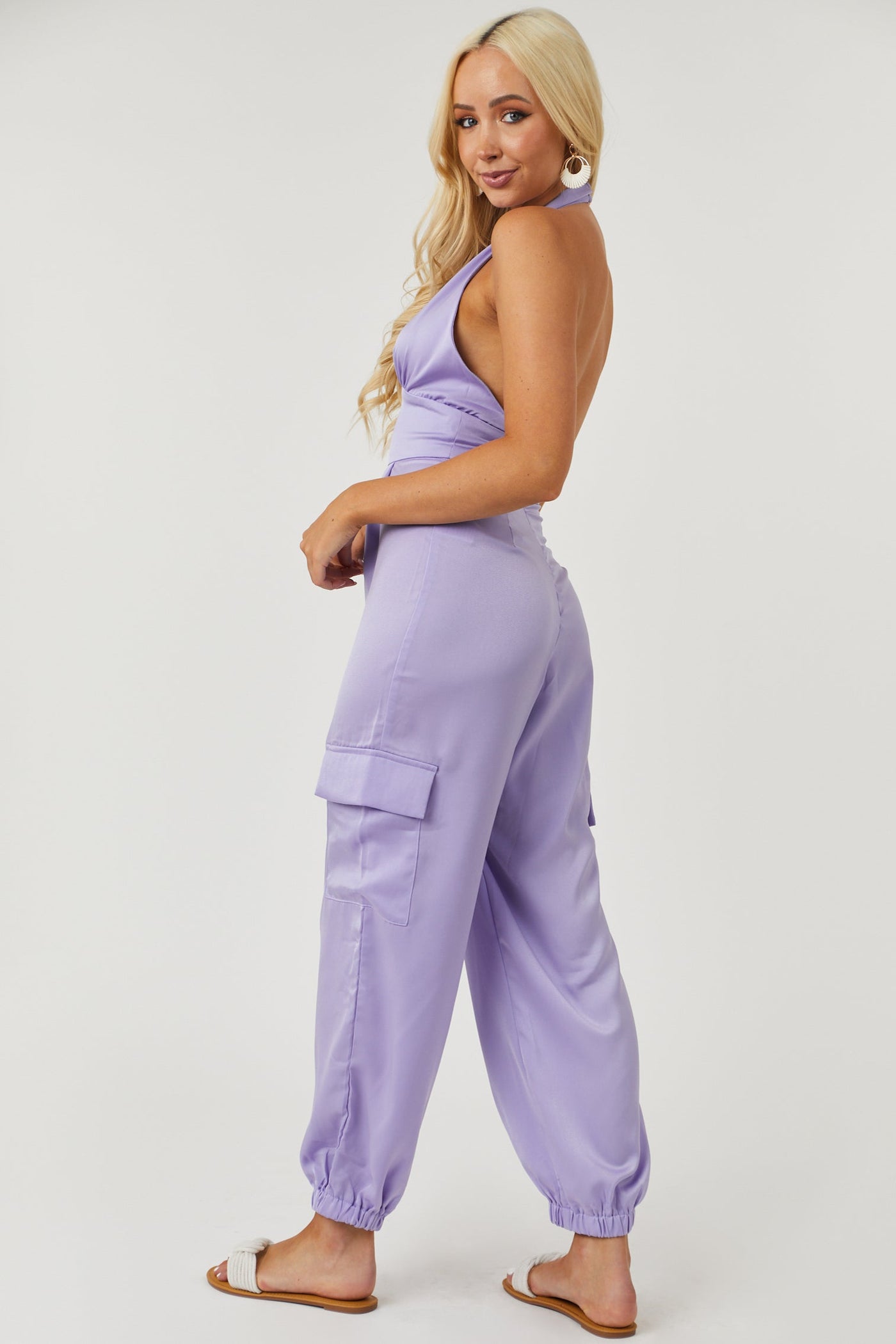 Satin Lavender Halter Neck Open Back Cargo Jumpsuit