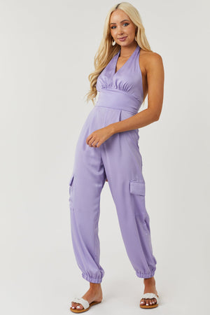 Satin Lavender Halter Neck Open Back Cargo Jumpsuit