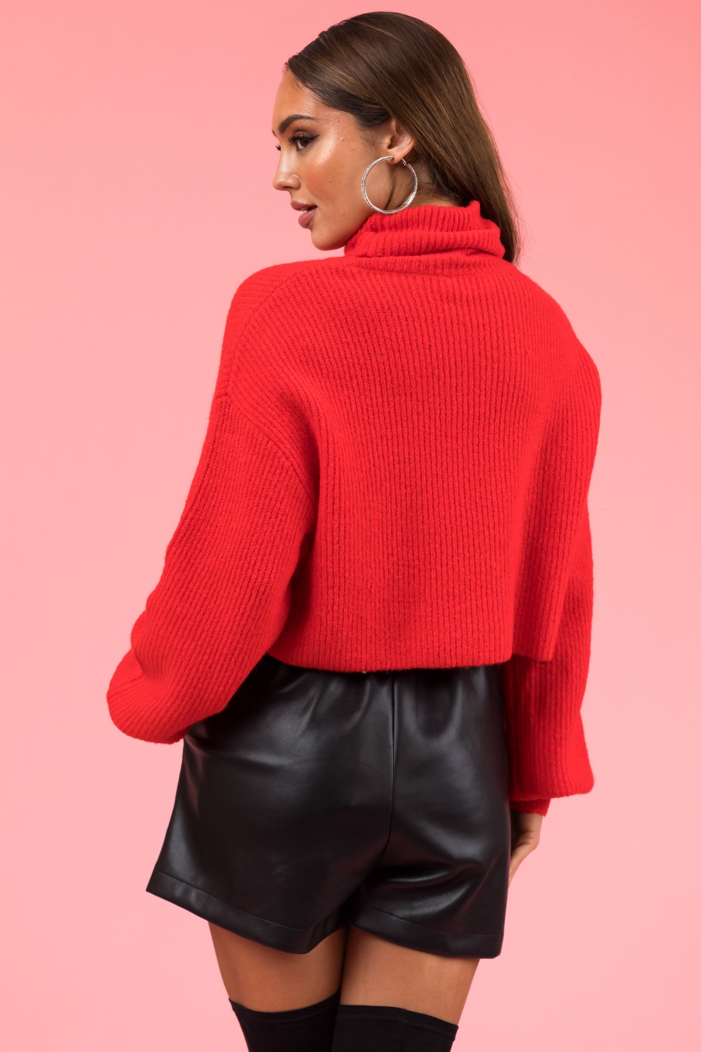 Scarlet Turtleneck Cropped Bubble Sleeve Sweater