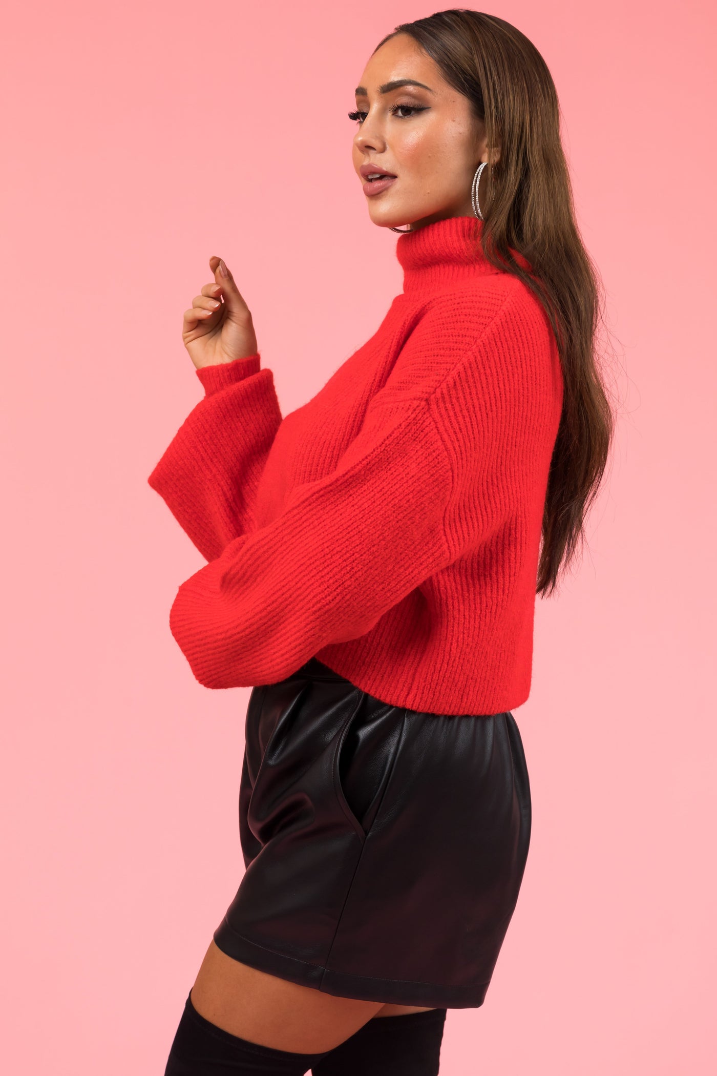 Scarlet Turtleneck Cropped Bubble Sleeve Sweater