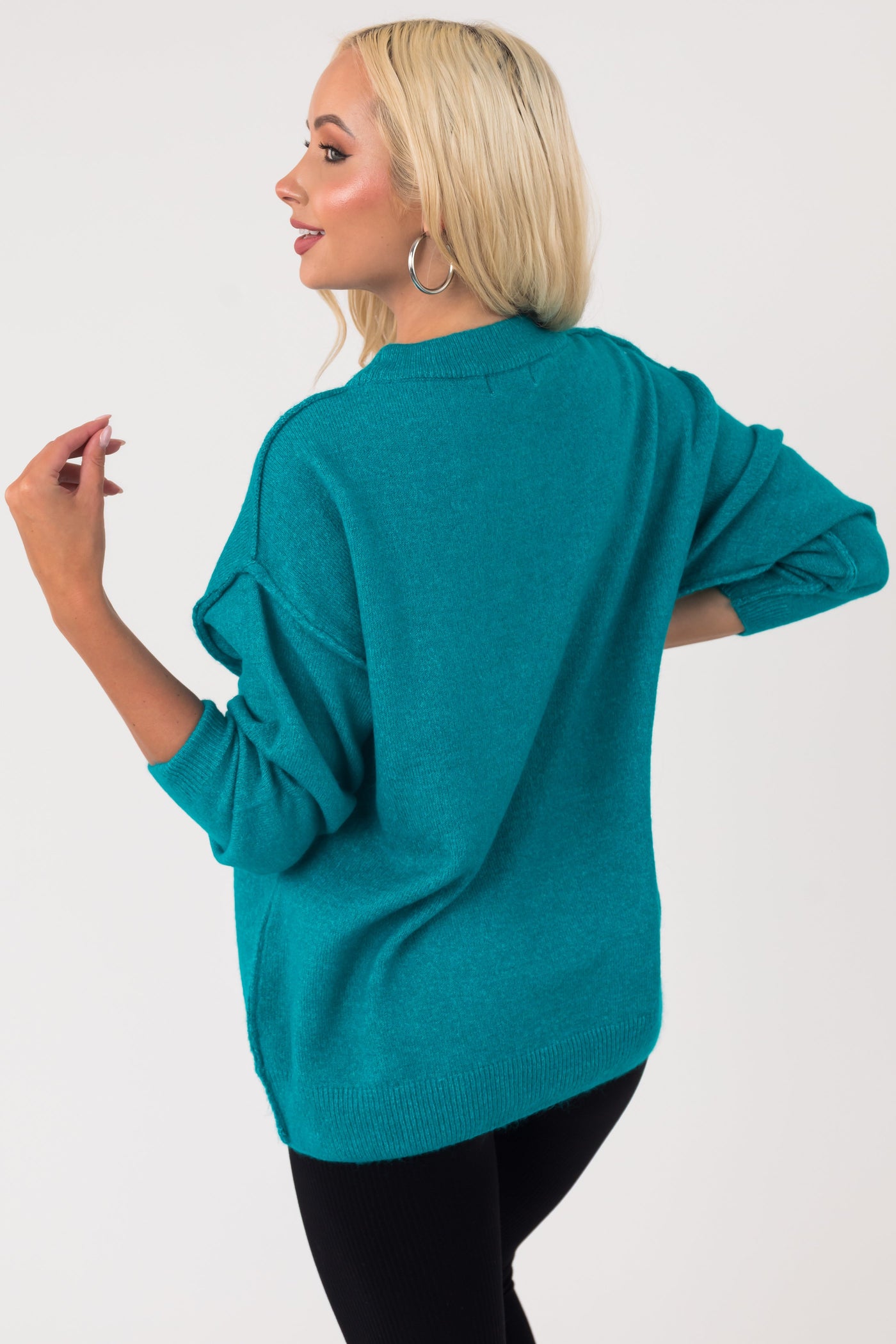 Sea Blue Exposed Seam Drop Shoulder Sweater