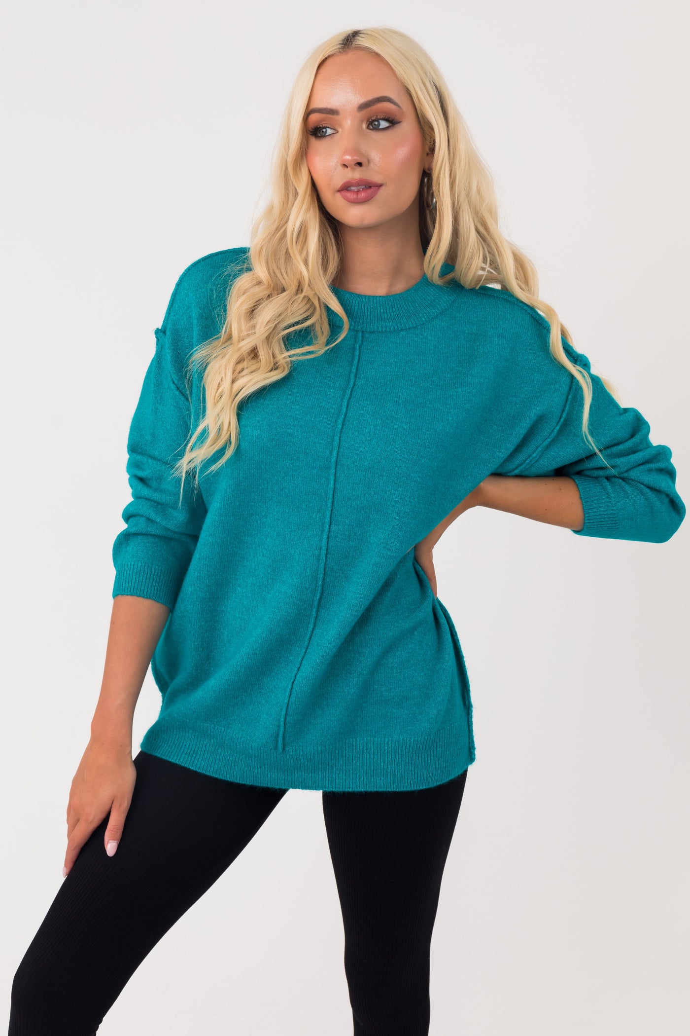 Sea Blue Exposed Seam Drop Shoulder Sweater