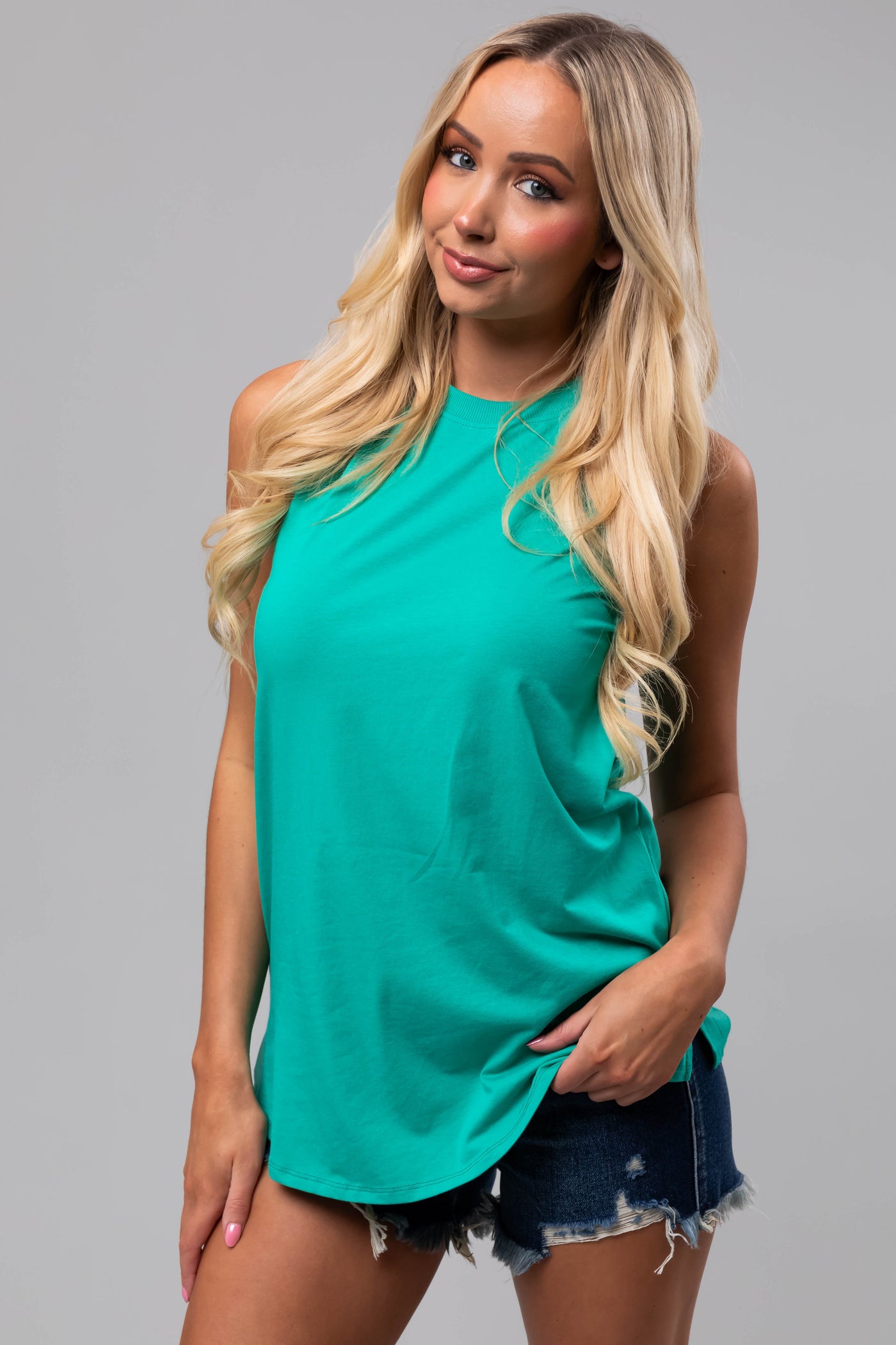 Sea Green Crew Neck Flowy Knit Tank Top
