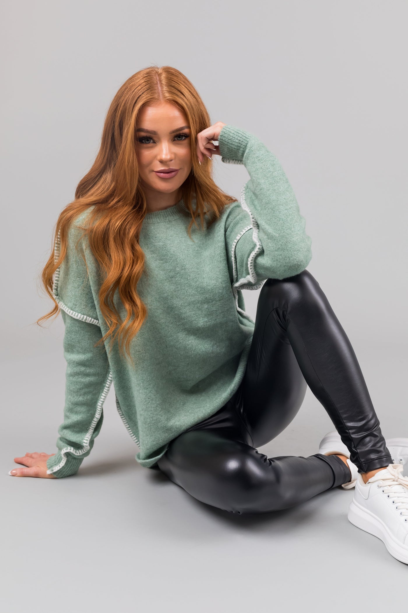 Seafoam Long Sleeve Stitching Detail Sweater