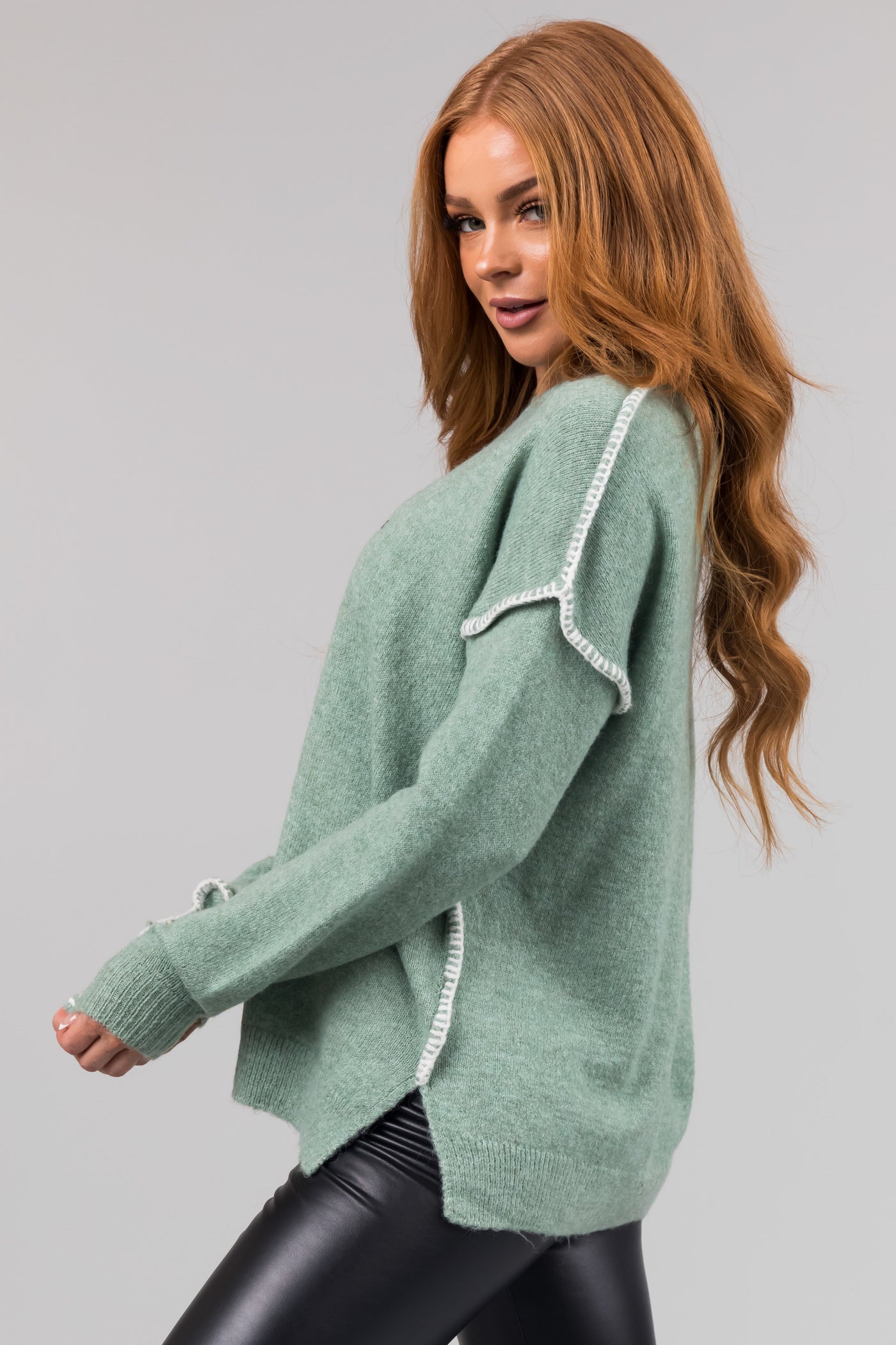 Seafoam Long Sleeve Stitching Detail Sweater