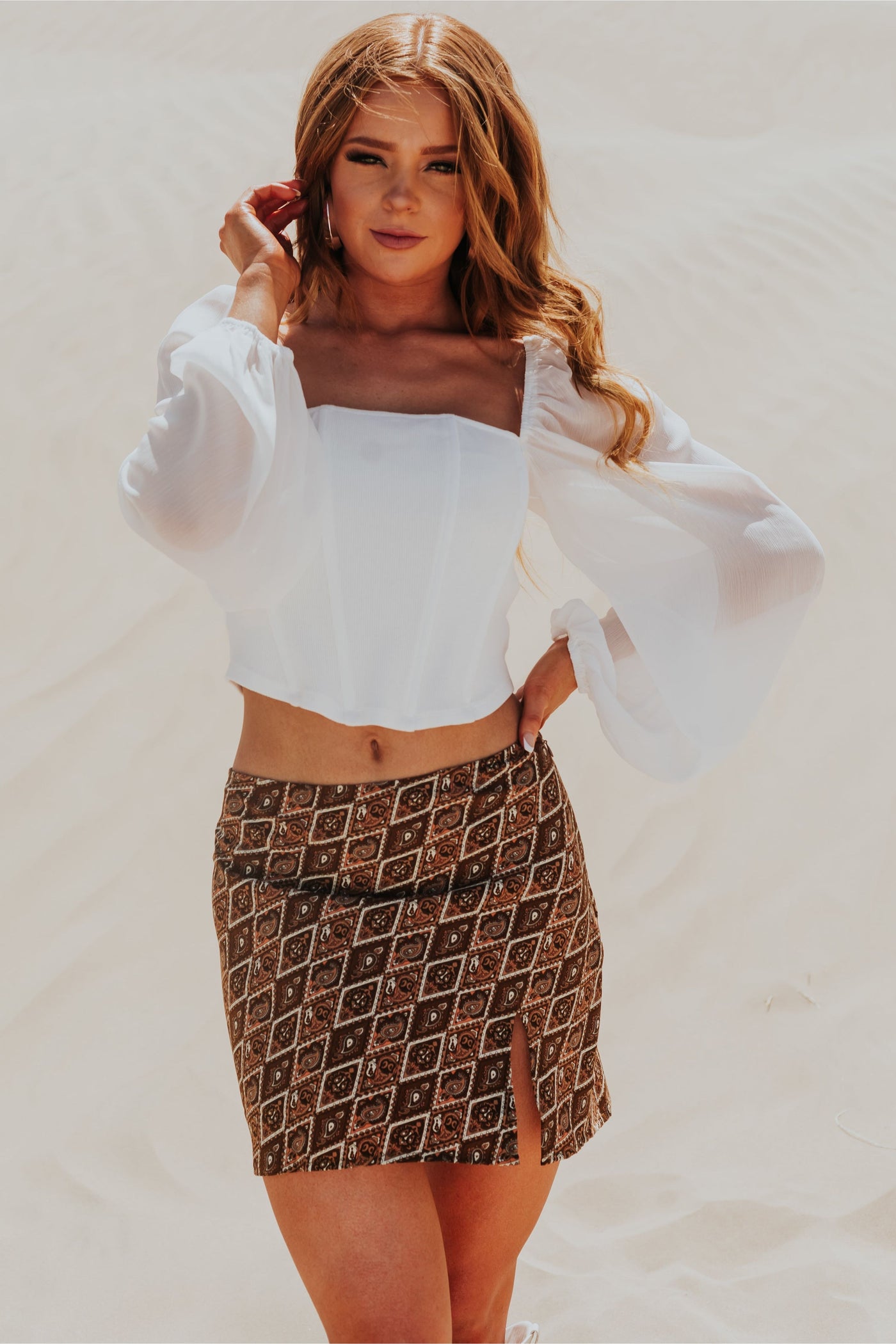 Sepia Abstract Print Side Slit Mini Skirt