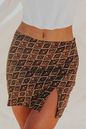 Sepia Abstract Print Side Slit Mini Skirt