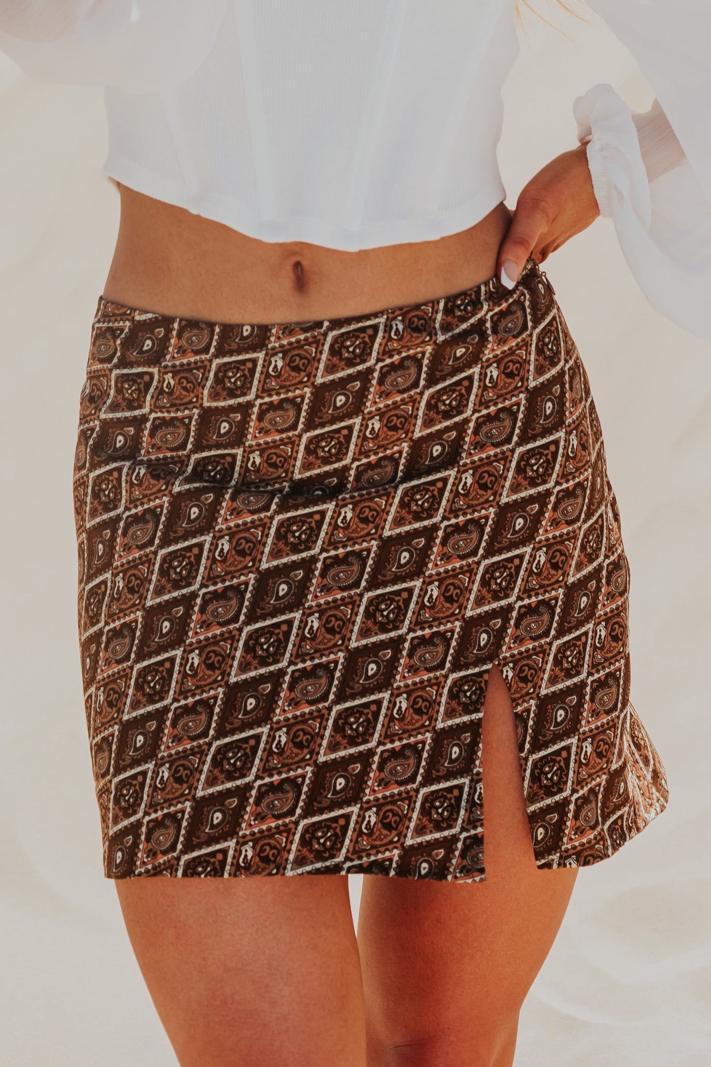 Sepia Abstract Print Side Slit Mini Skirt