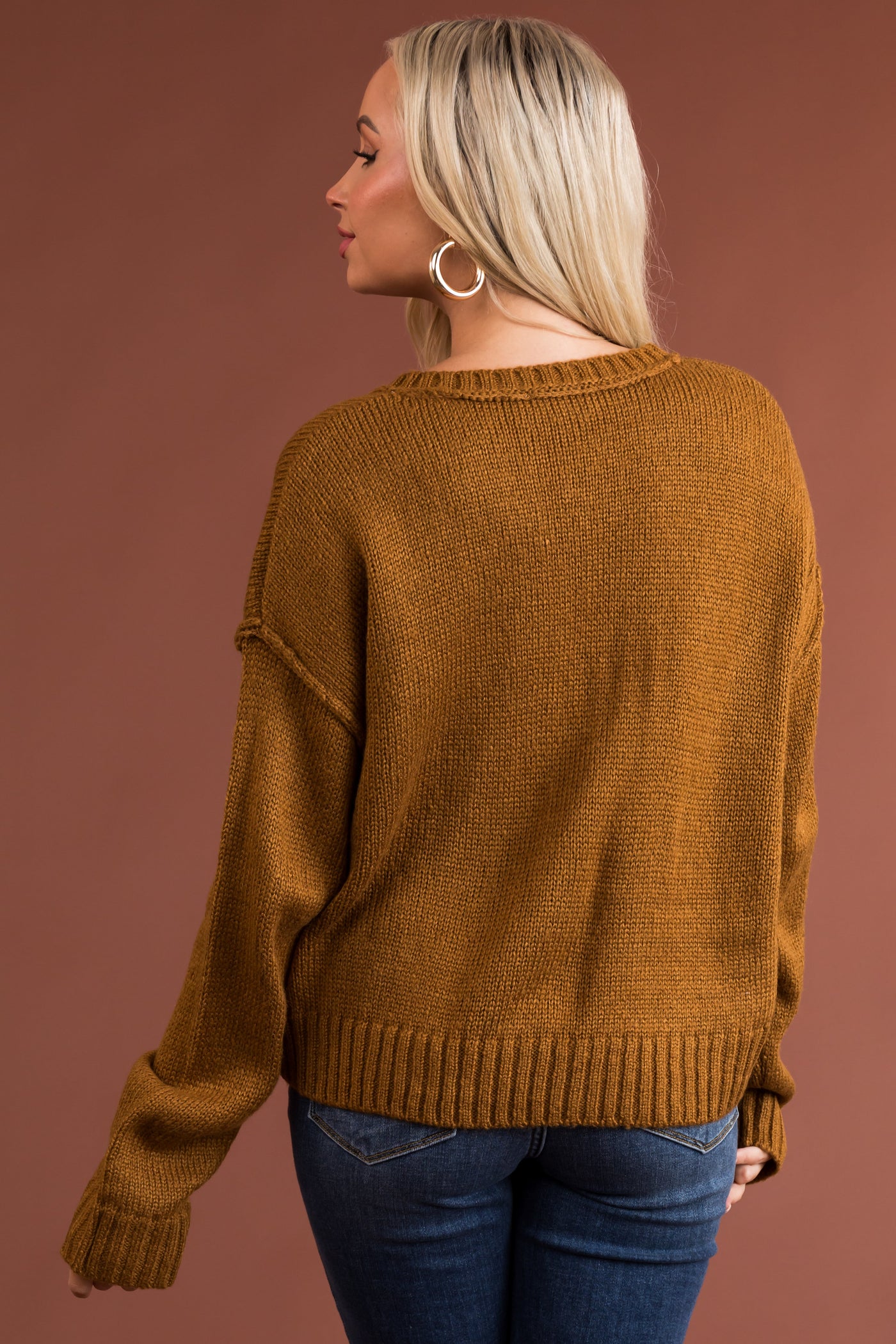 Sepia Brown V Neck Drop Shoulder Sweater
