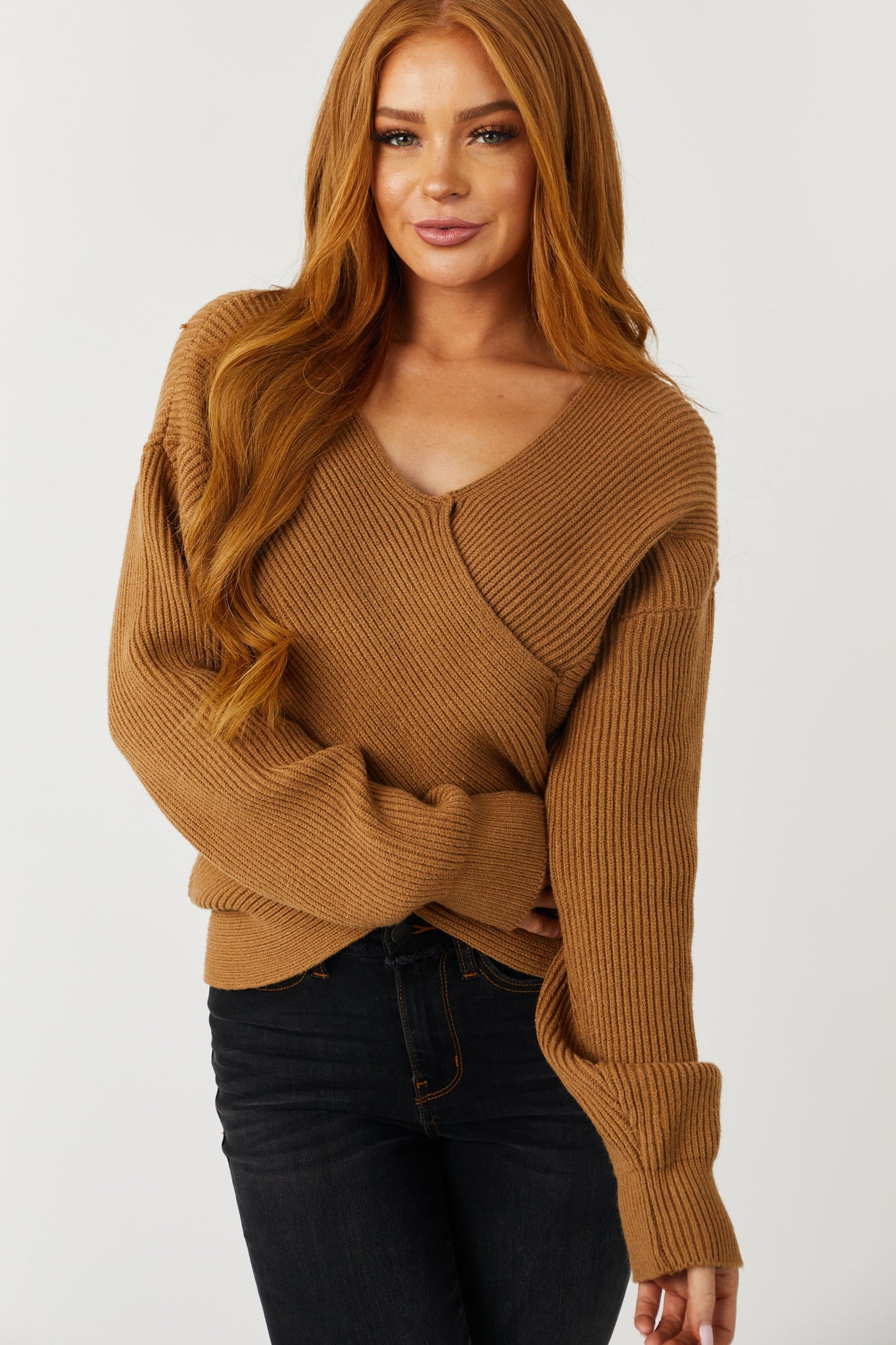 Sepia Crossover V Neck Ribbed Knit Sweater
