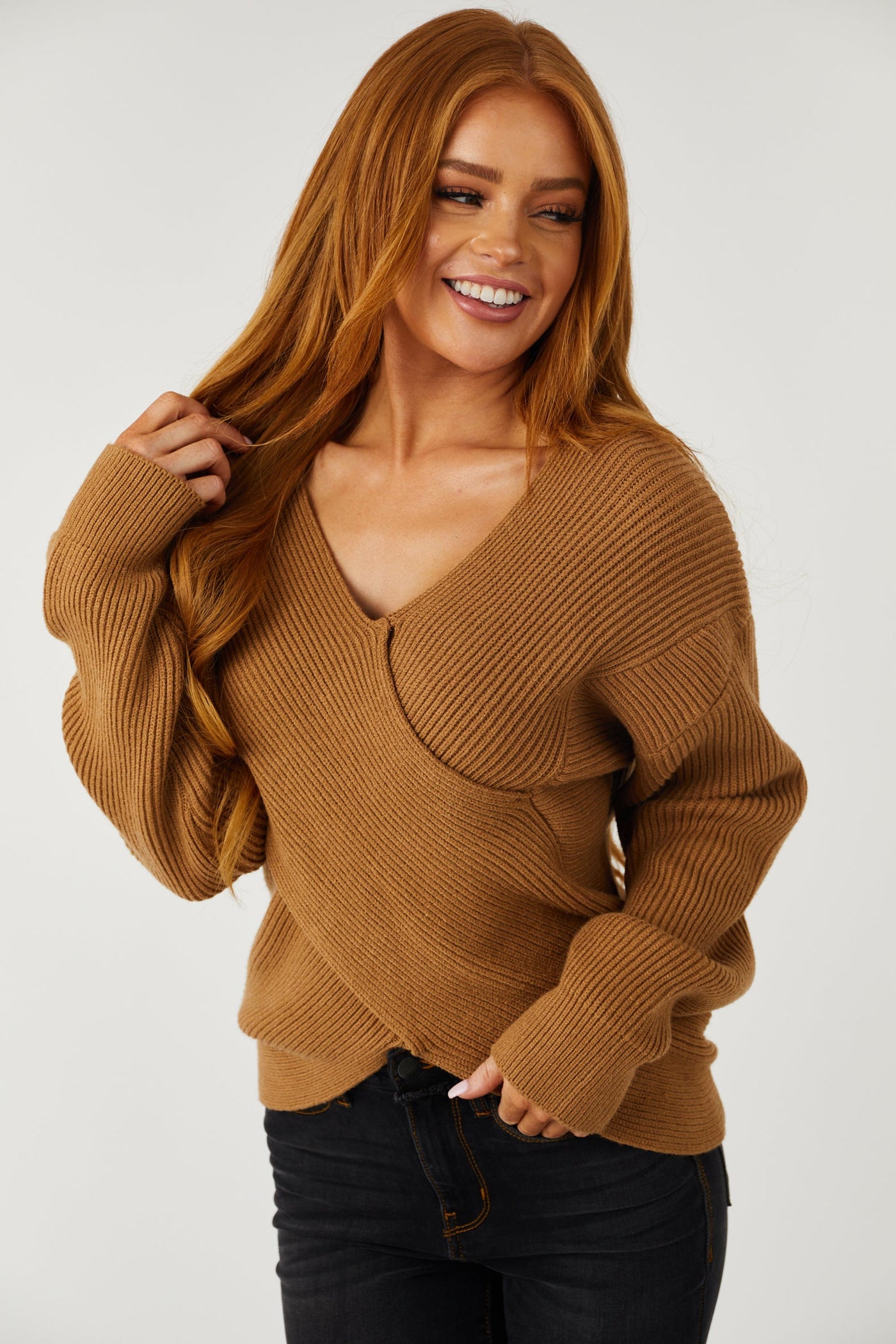 Sepia Crossover V Neck Ribbed Knit Sweater