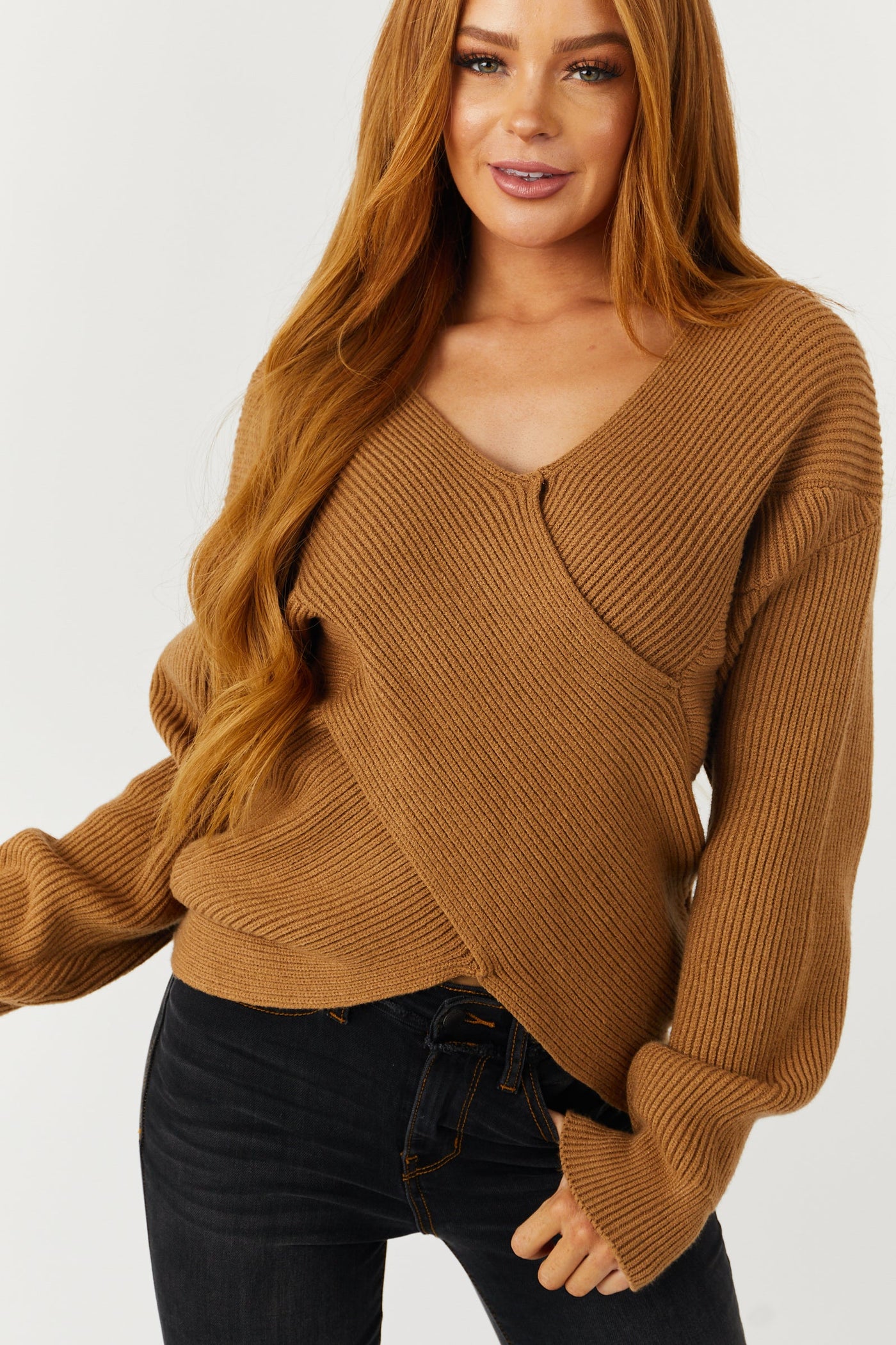 Sepia Crossover V Neck Ribbed Knit Sweater