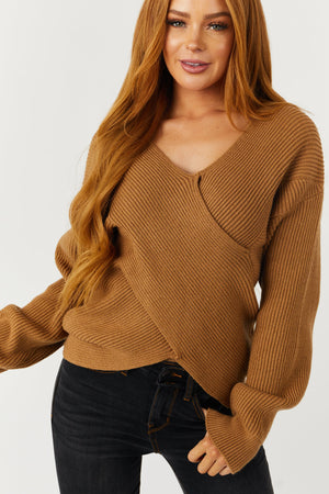 Sepia Crossover V Neck Ribbed Knit Sweater