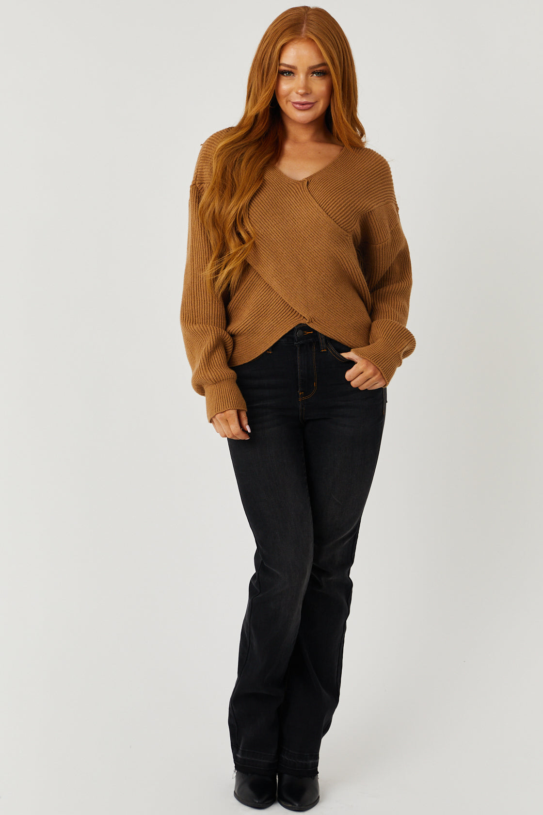 Sepia Crossover V Neck Ribbed Knit Sweater