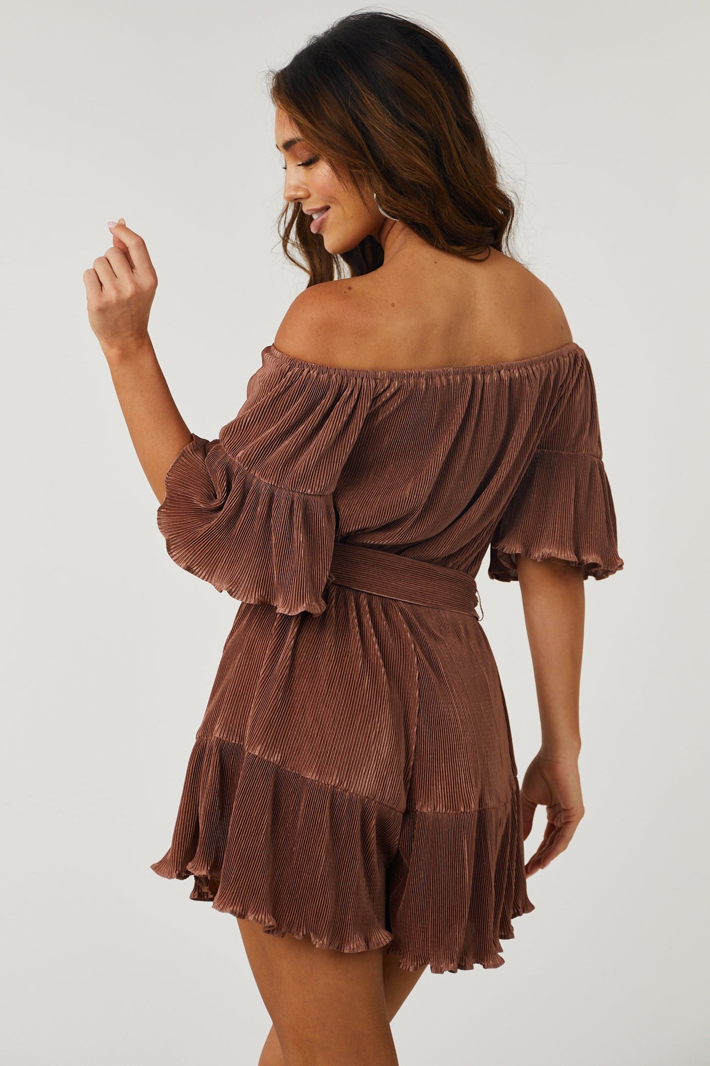 Sepia Off Shoulder Plisse Romper with Waist Tie