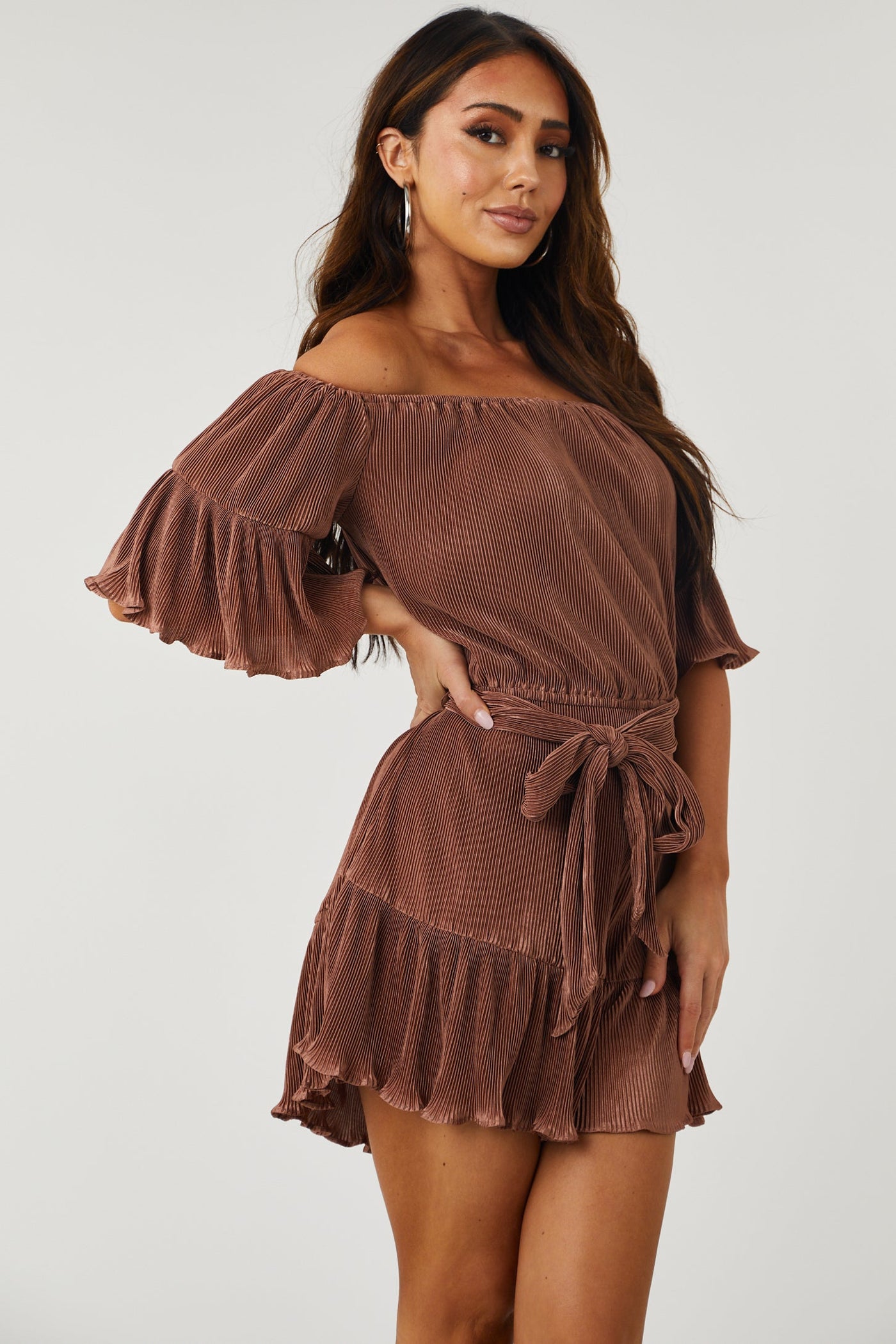 Sepia Off Shoulder Plisse Romper with Waist Tie