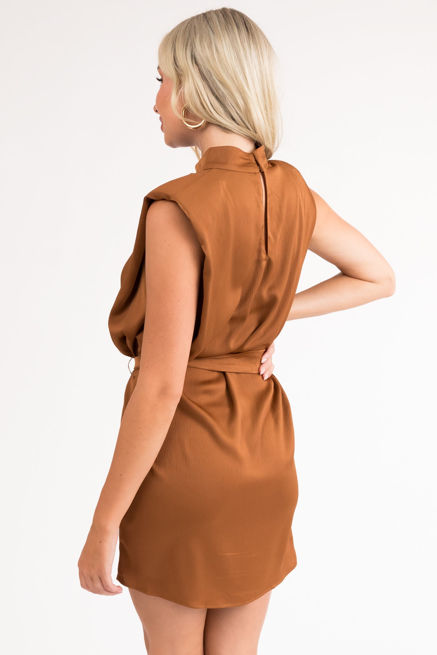 Sepia Sash Tie Textured Satin Mock Neck Dress