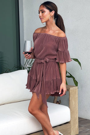Sepia Off Shoulder Plisse Romper with Waist Tie