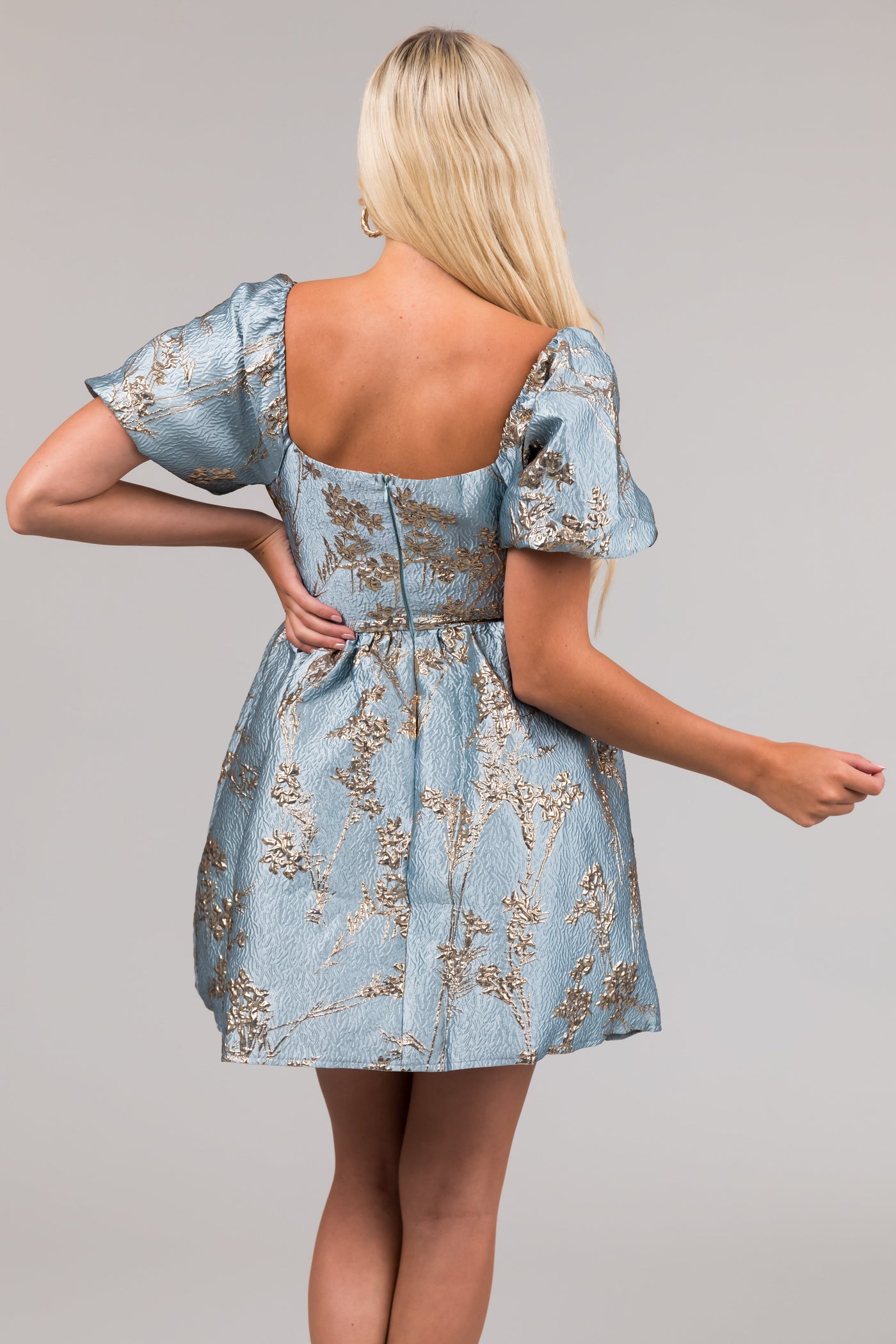 She+Sky Baby Blue Jacquard Printed Mini Dress