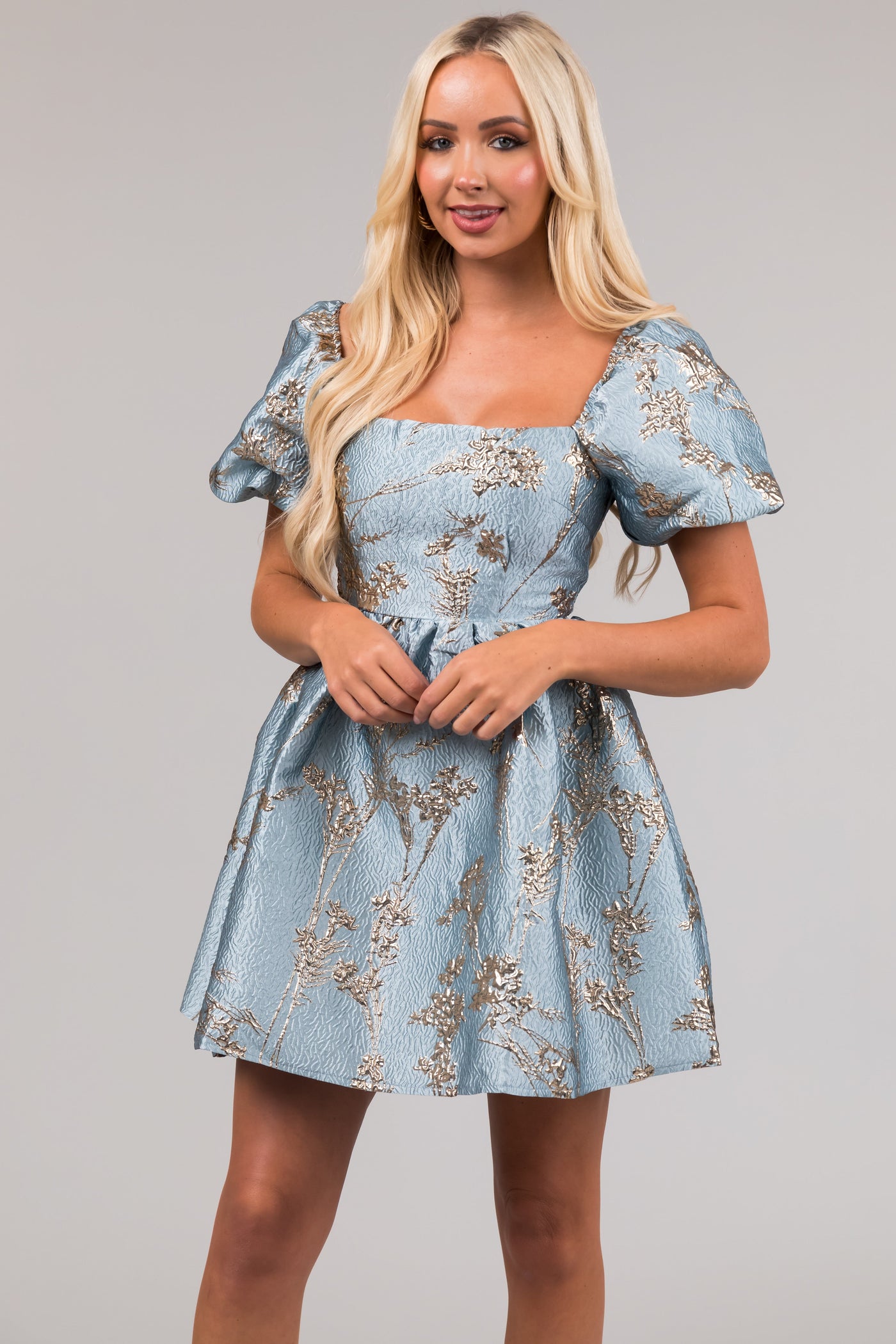 She+Sky Baby Blue Jacquard Printed Mini Dress