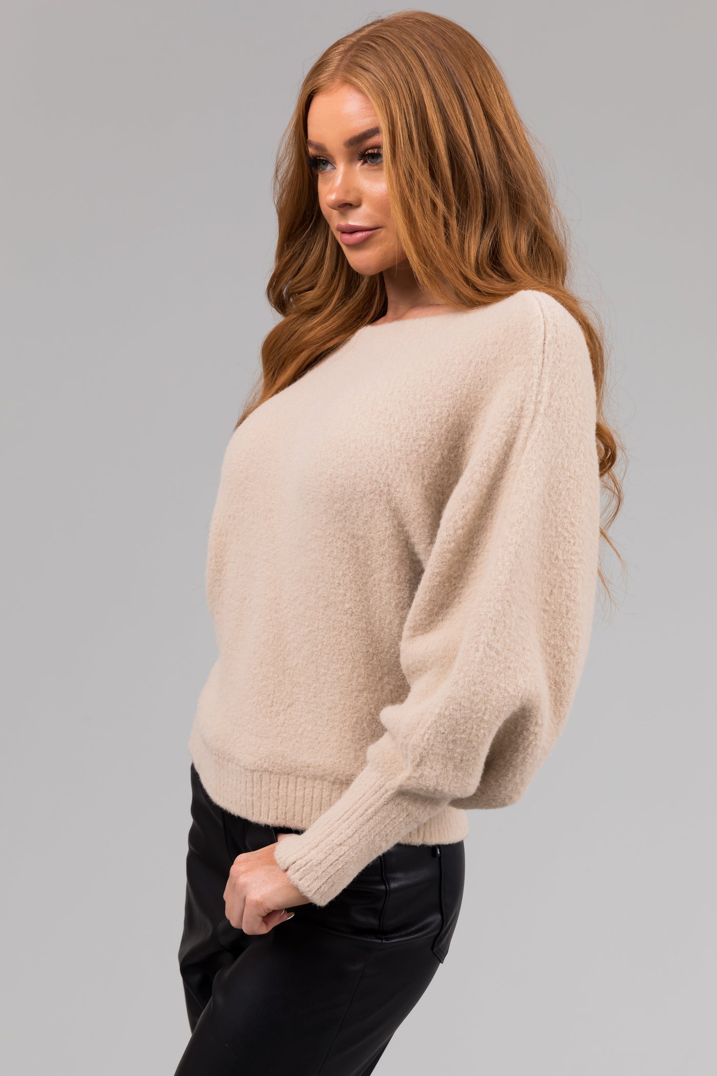 She+Sky Beige Fuzzy Dolman Sleeve Sweater