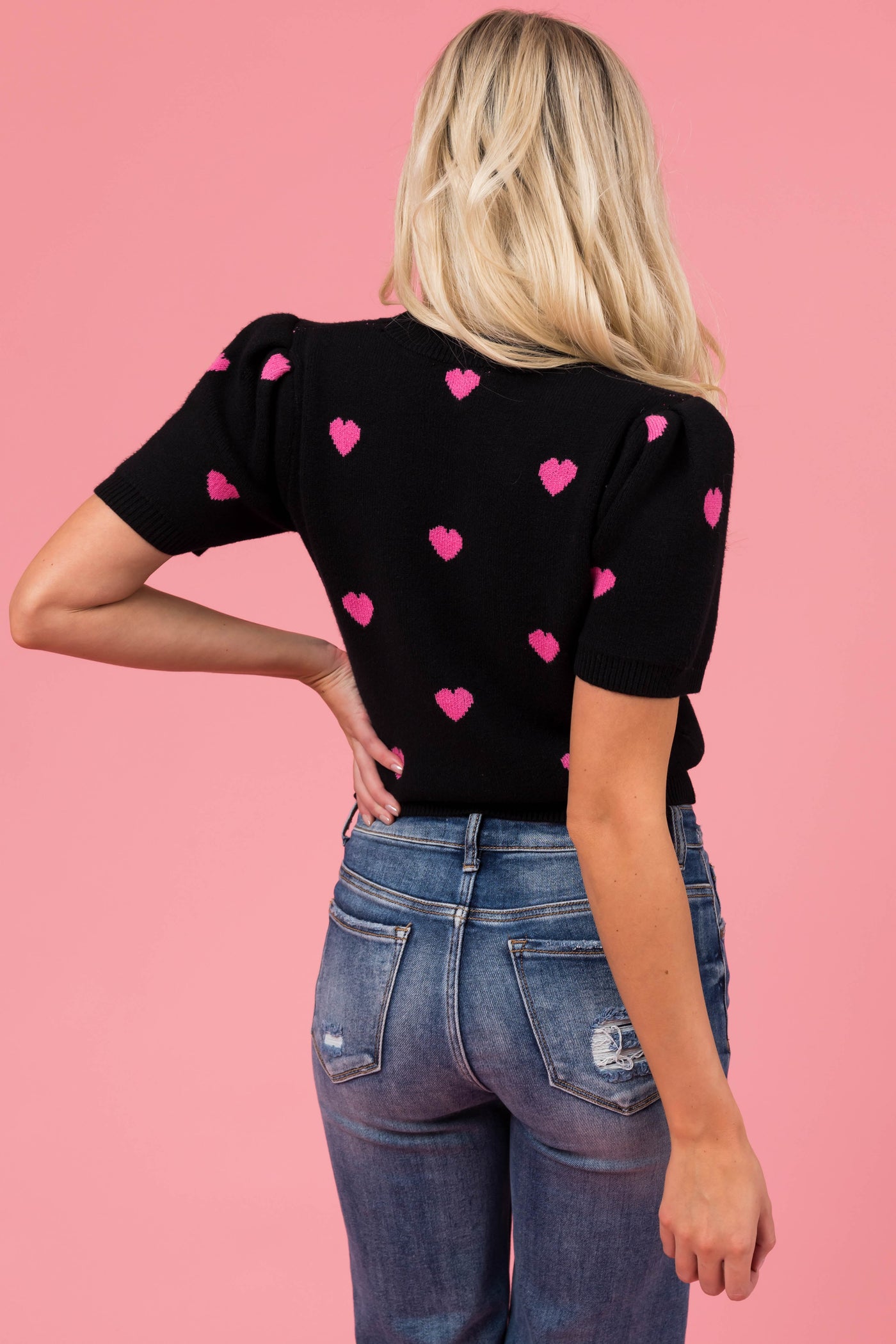 She+Sky Black Heart Short Sleeve Sweater