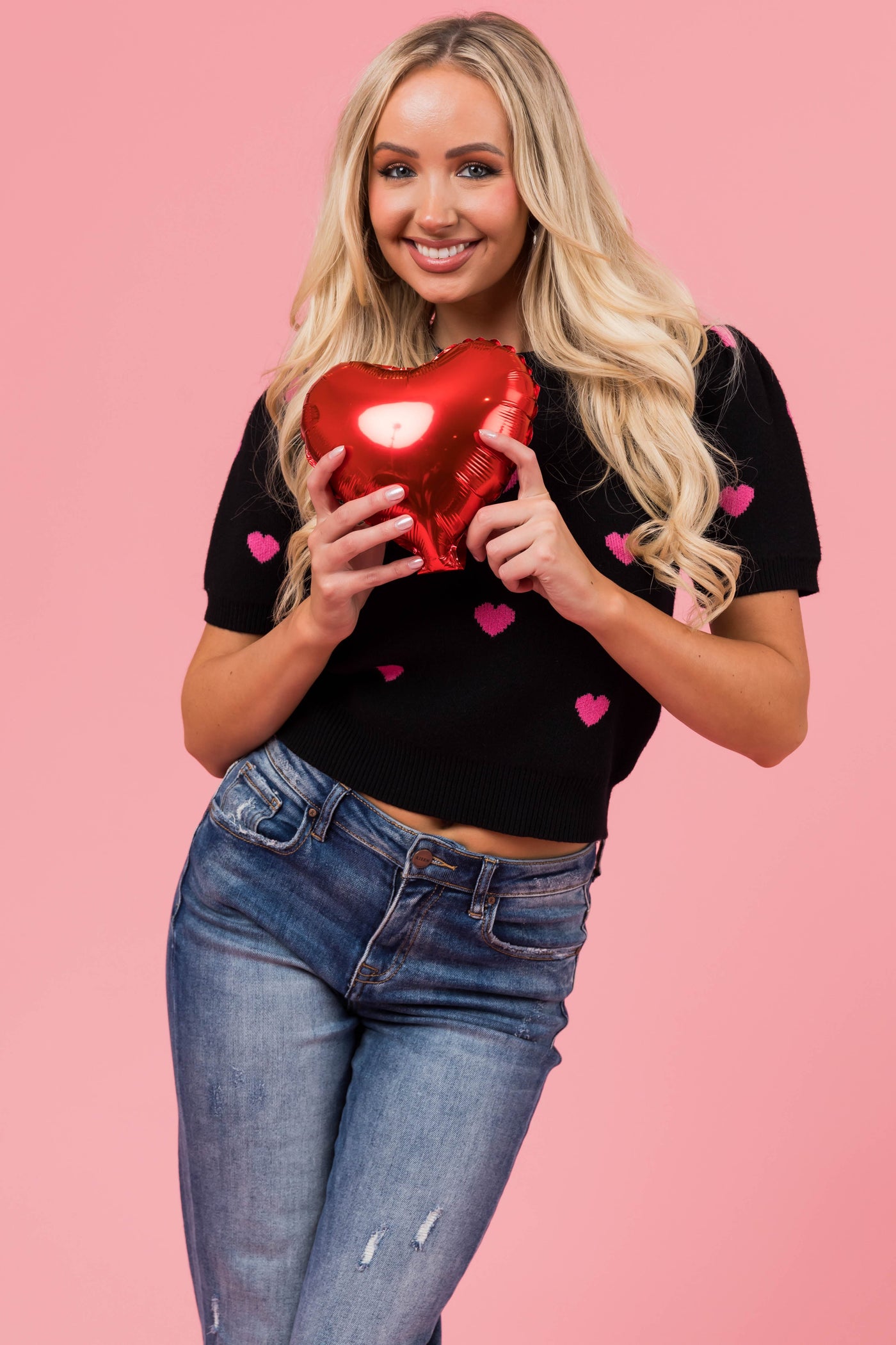 She+Sky Black Heart Short Sleeve Sweater