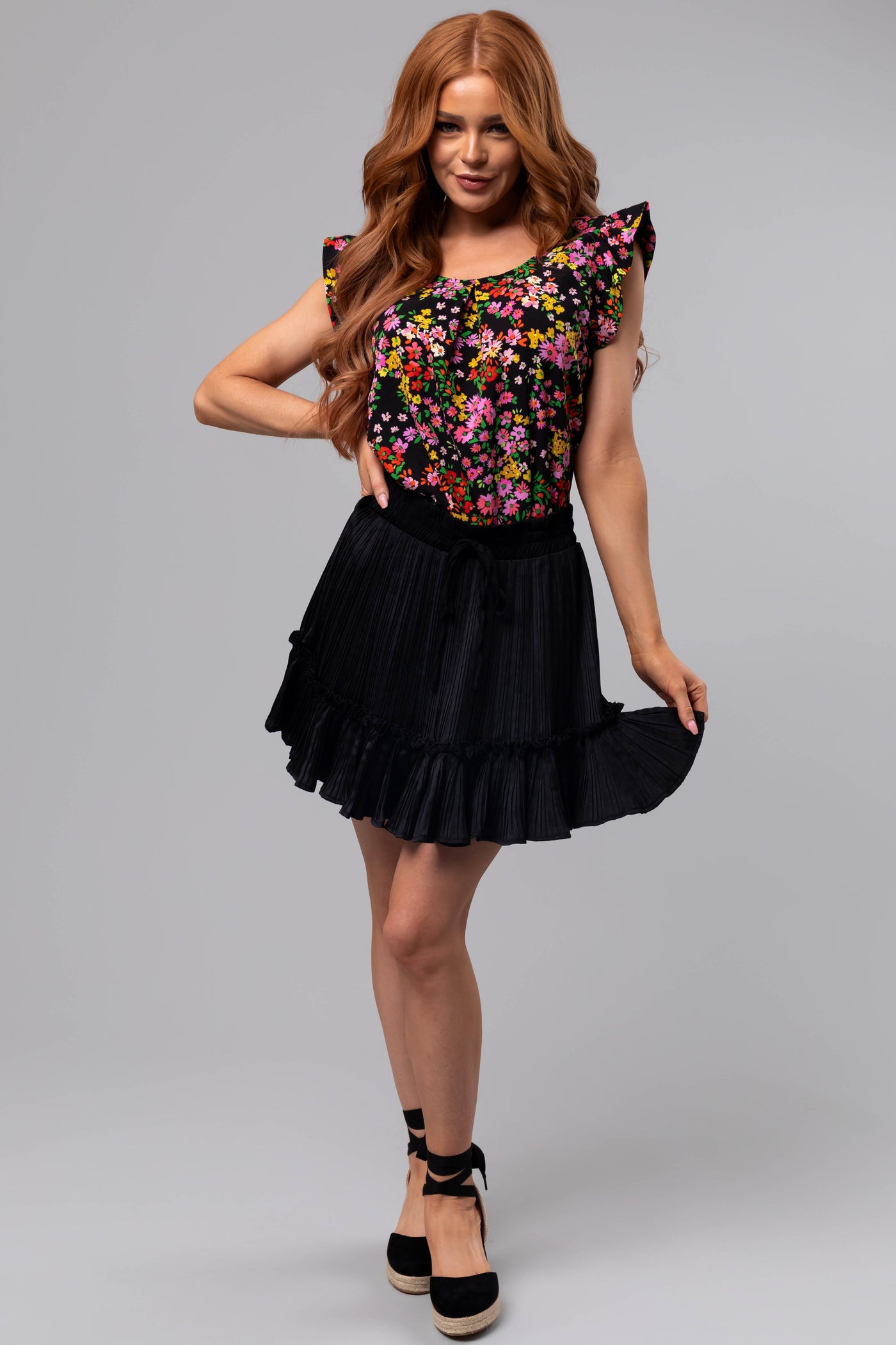 She+Sky Black Satin Pleated Ruffle Skirt