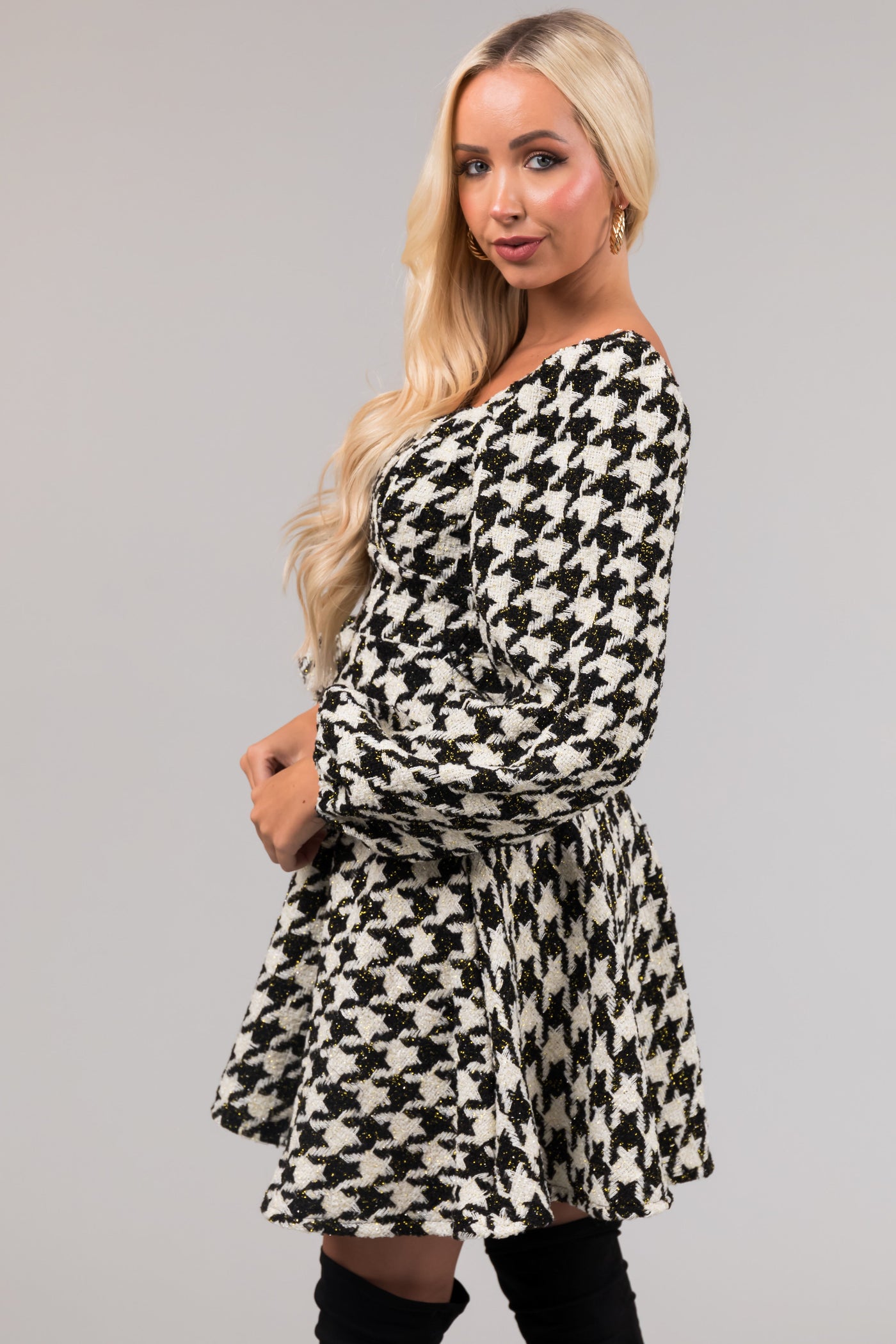 She+Sky Black and Ivory Tweed Houndstooth Mini Dress
