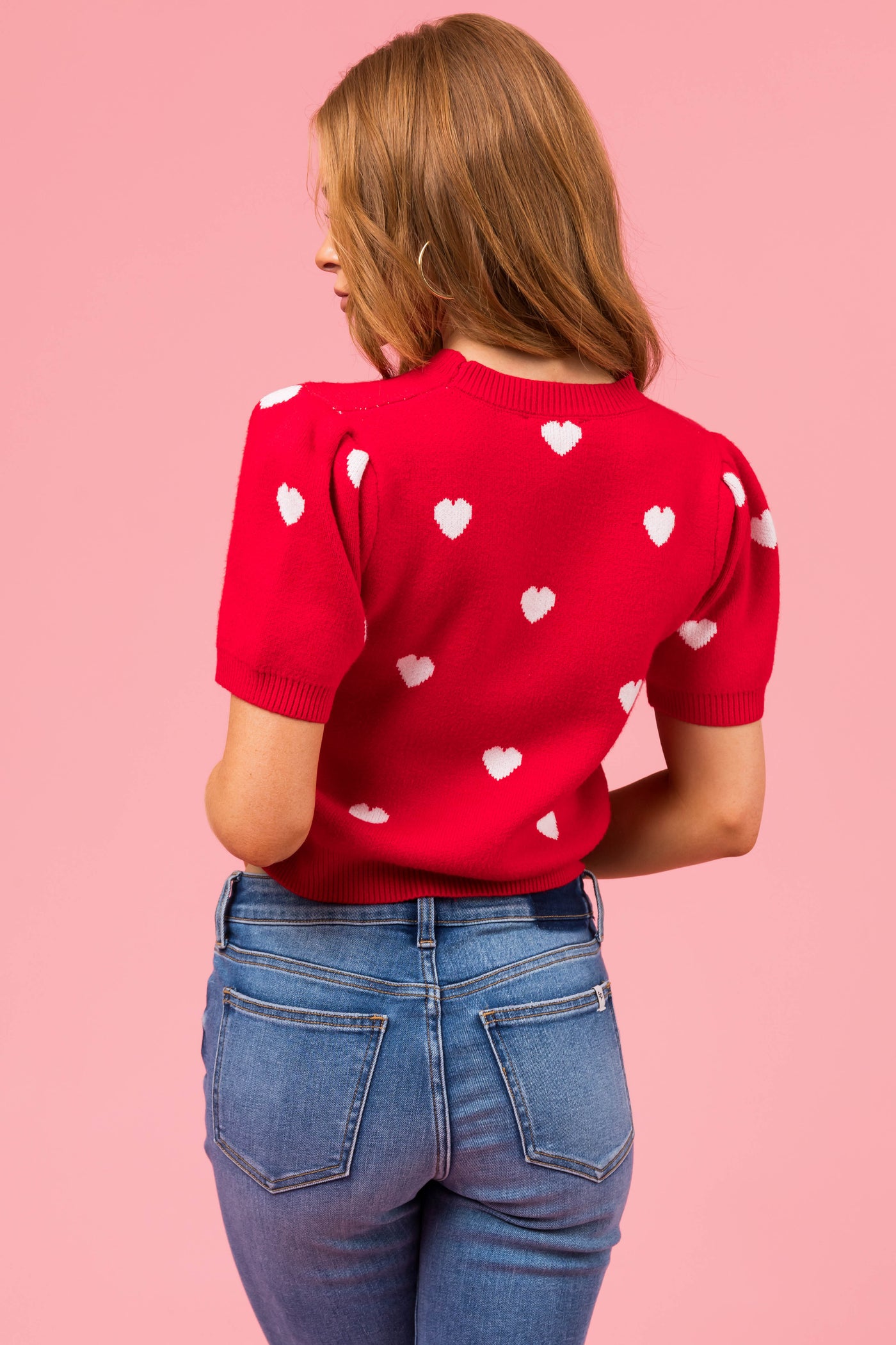 She+Sky Cherry Heart Short Sleeve Sweater