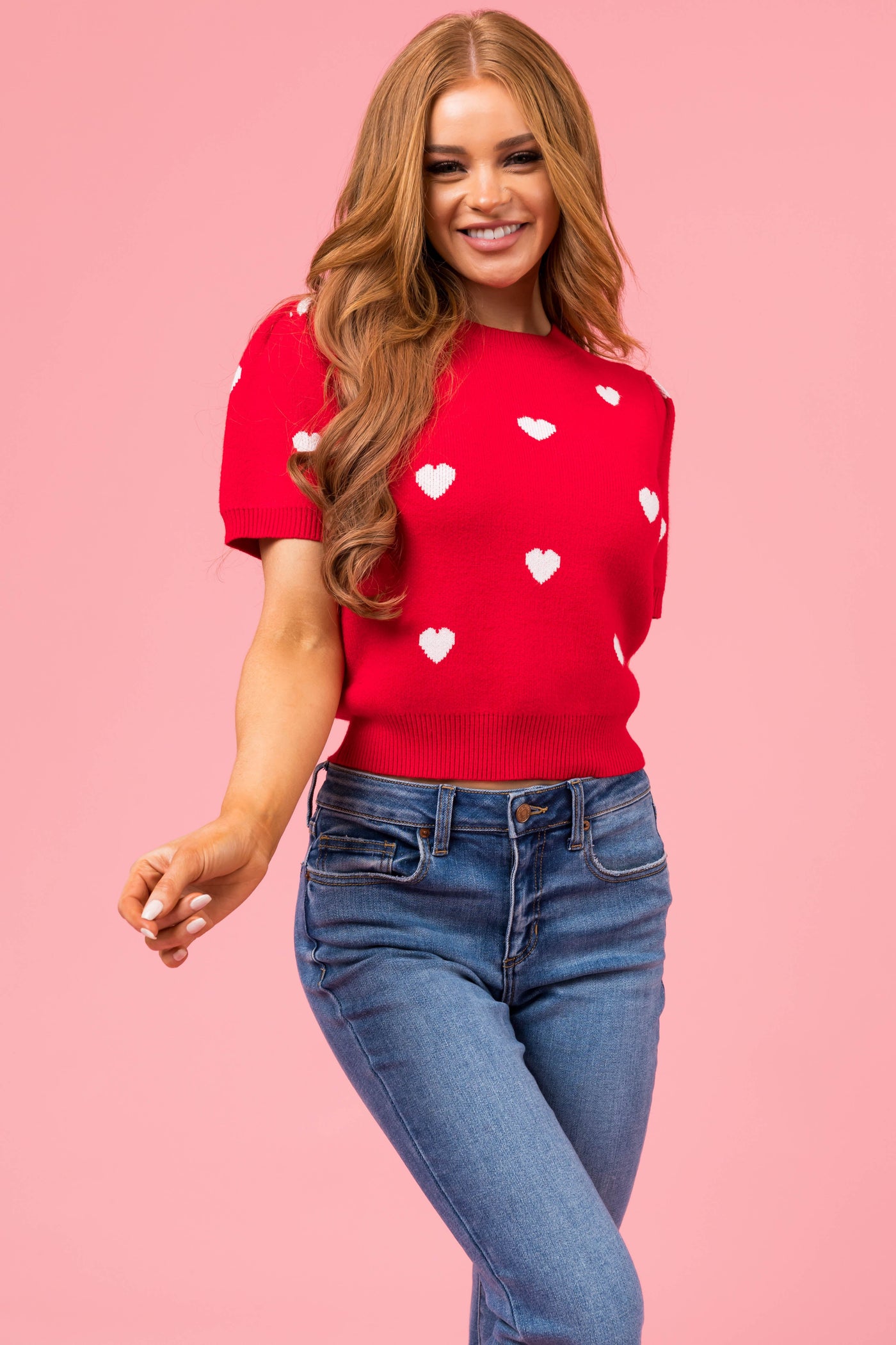She+Sky Cherry Heart Short Sleeve Sweater