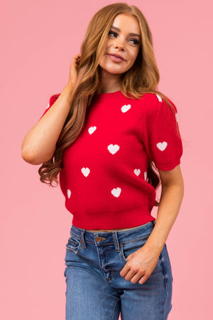 She+Sky Cherry Heart Short Sleeve Sweater