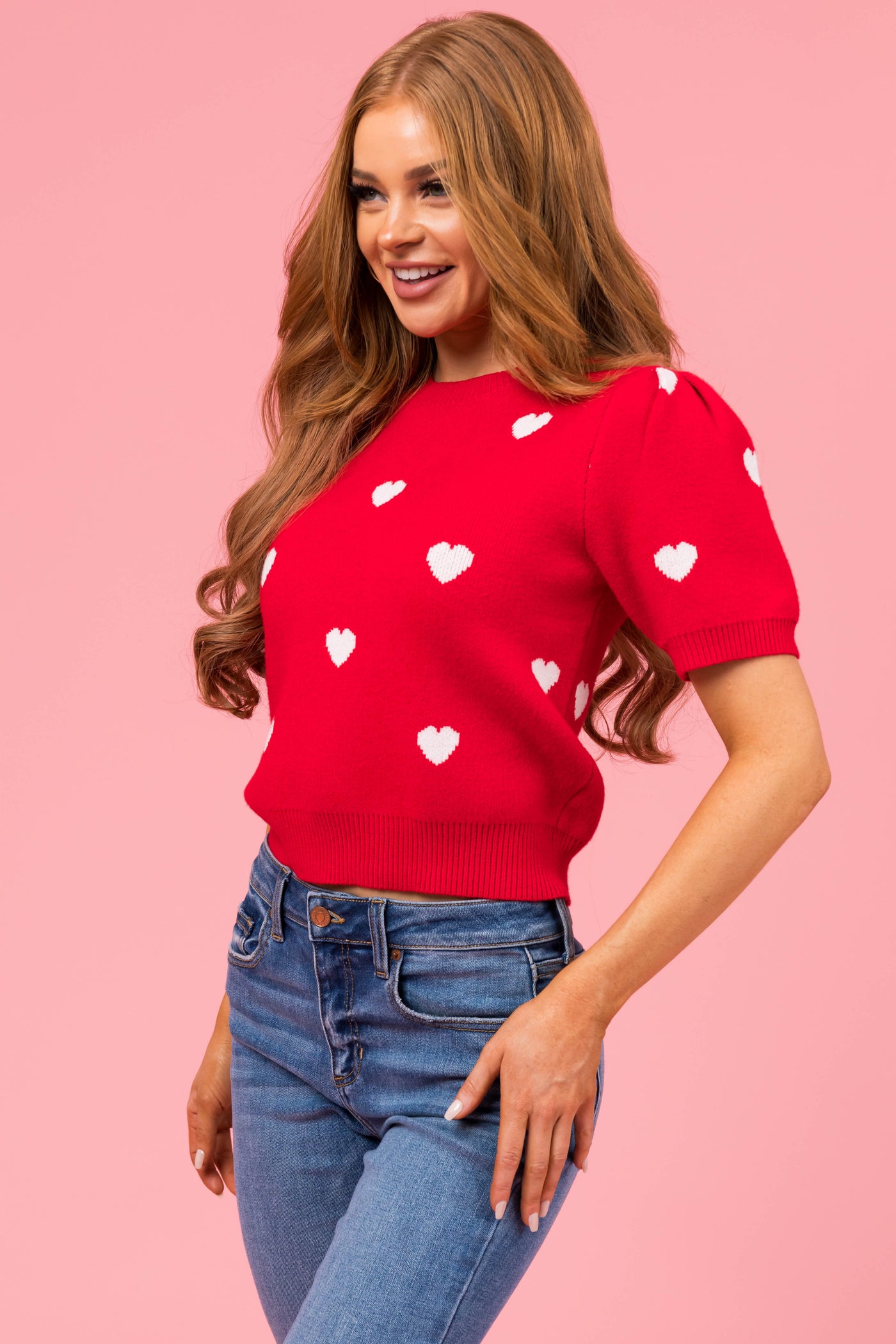 She+Sky Cherry Heart Short Sleeve Sweater