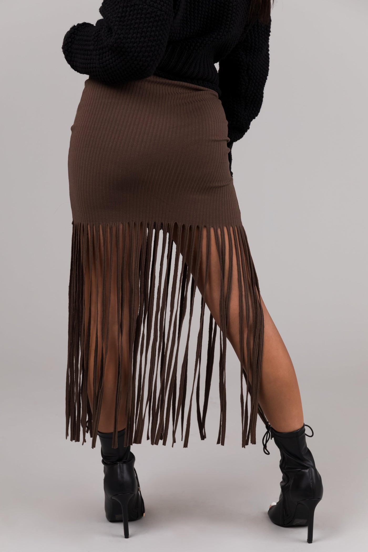 She+Sky Coffee Fringe Elastic Waist Maxi Skirt