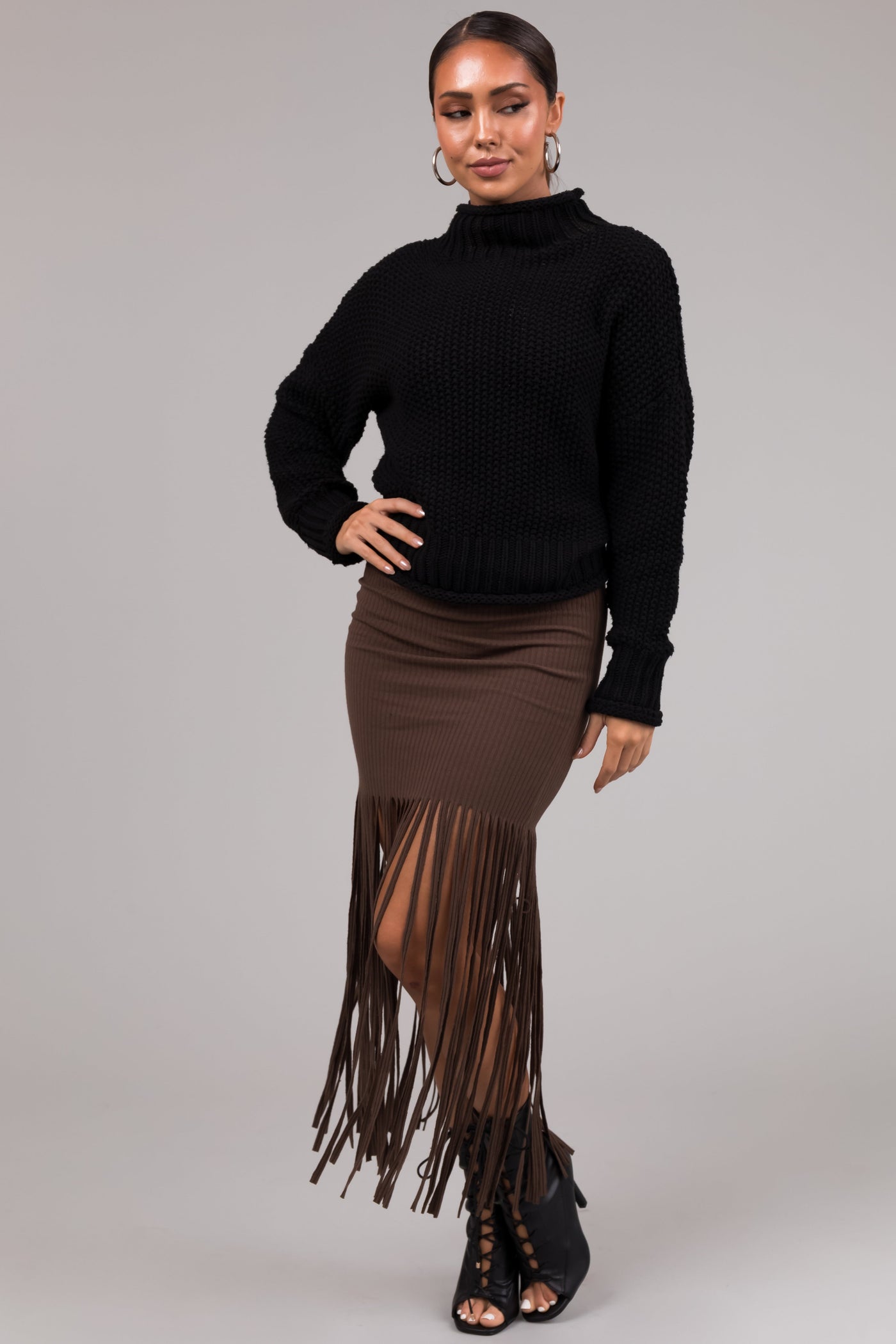 She+Sky Coffee Fringe Elastic Waist Maxi Skirt