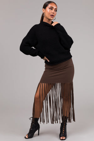 She+Sky Coffee Fringe Elastic Waist Maxi Skirt