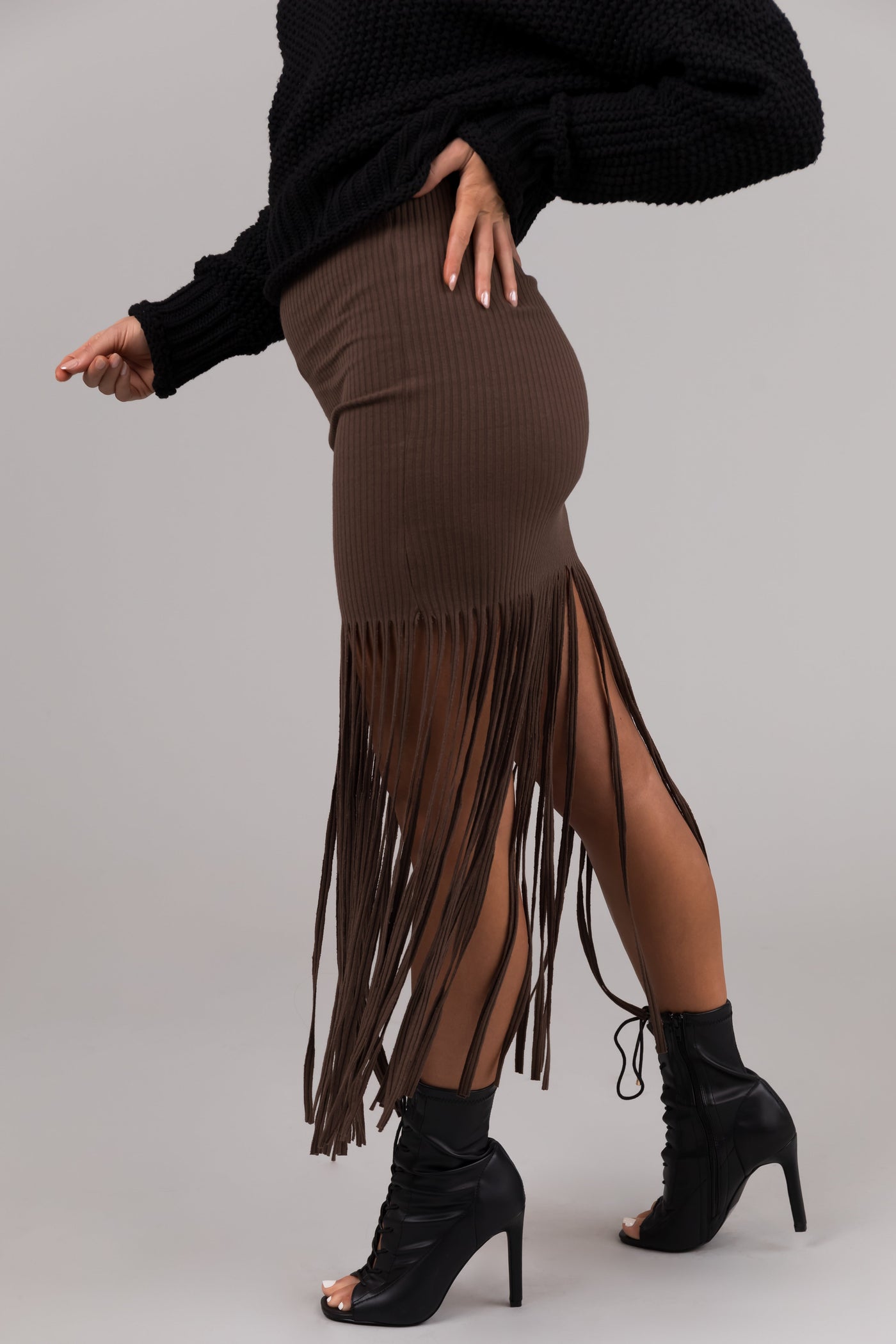 She+Sky Coffee Fringe Elastic Waist Maxi Skirt