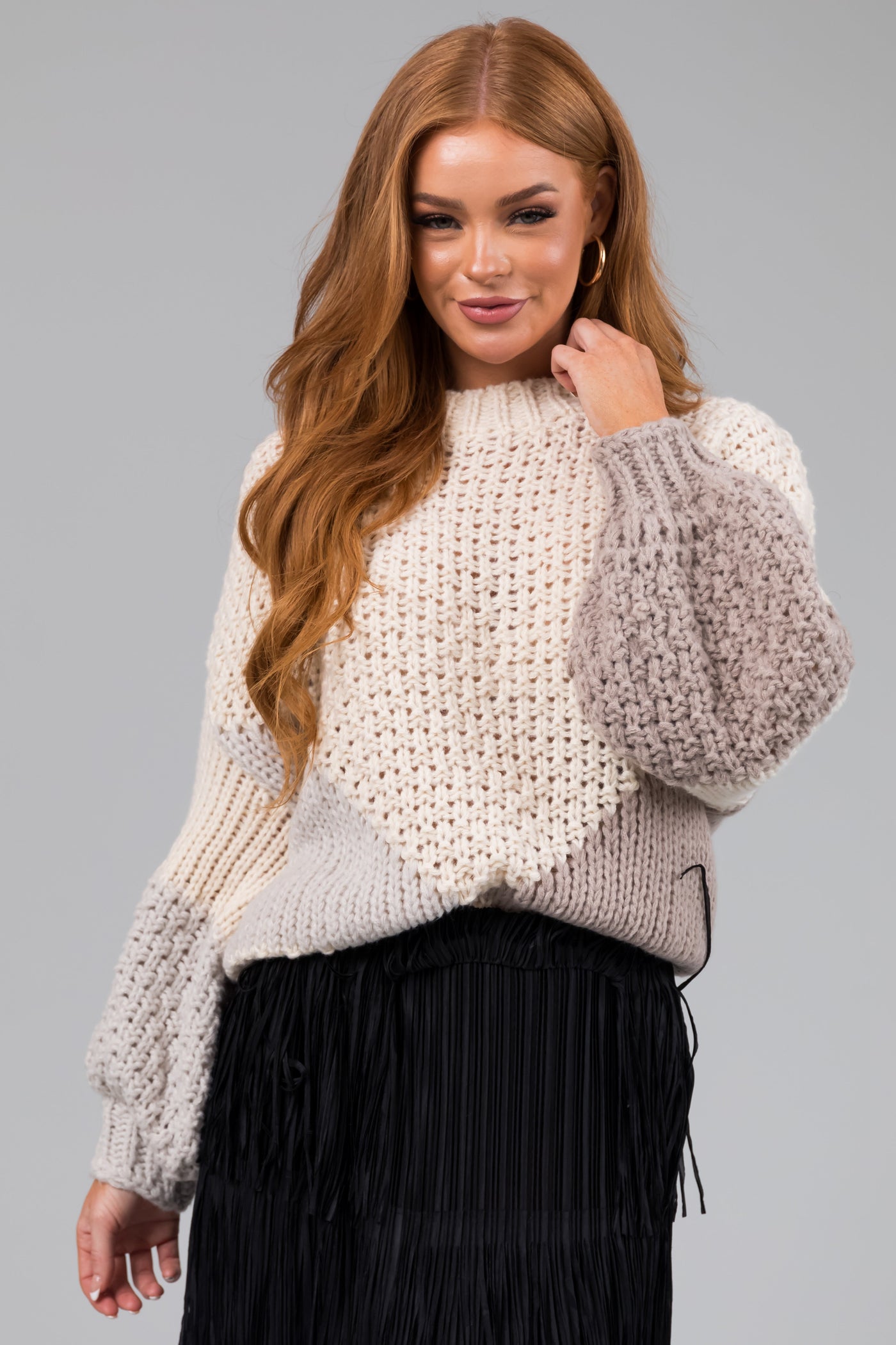 She+Sky Cream Colorblock Long Sleeve Sweater