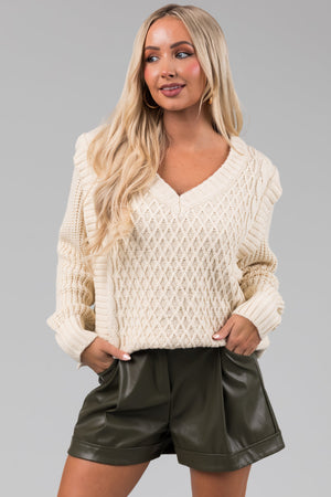 She+Sky Cream Lattice Knit V Neck Sweater